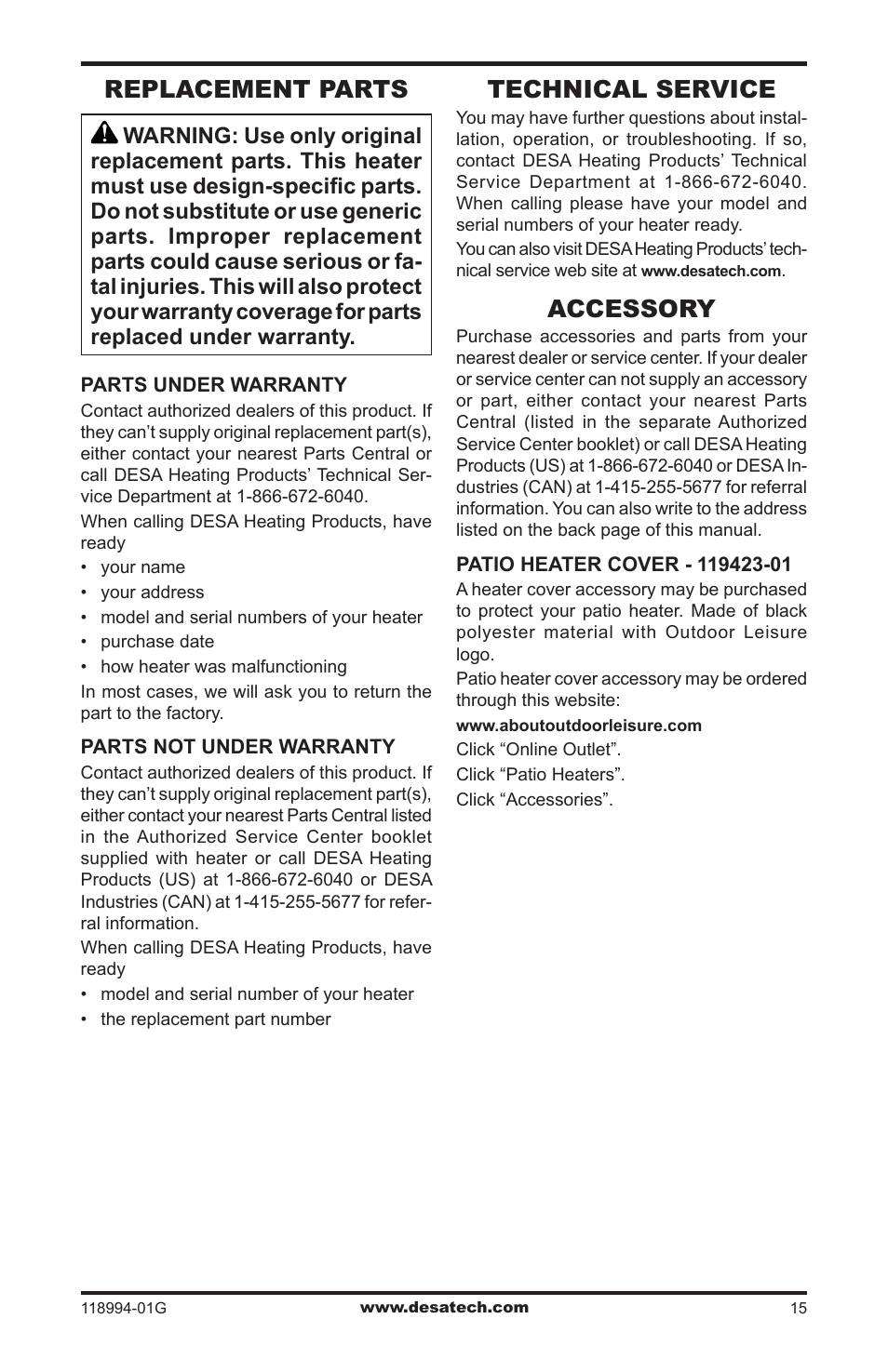 Replacement parts, Technical service, Accessory | Desa TD100 User Manual | Page 15 / 52