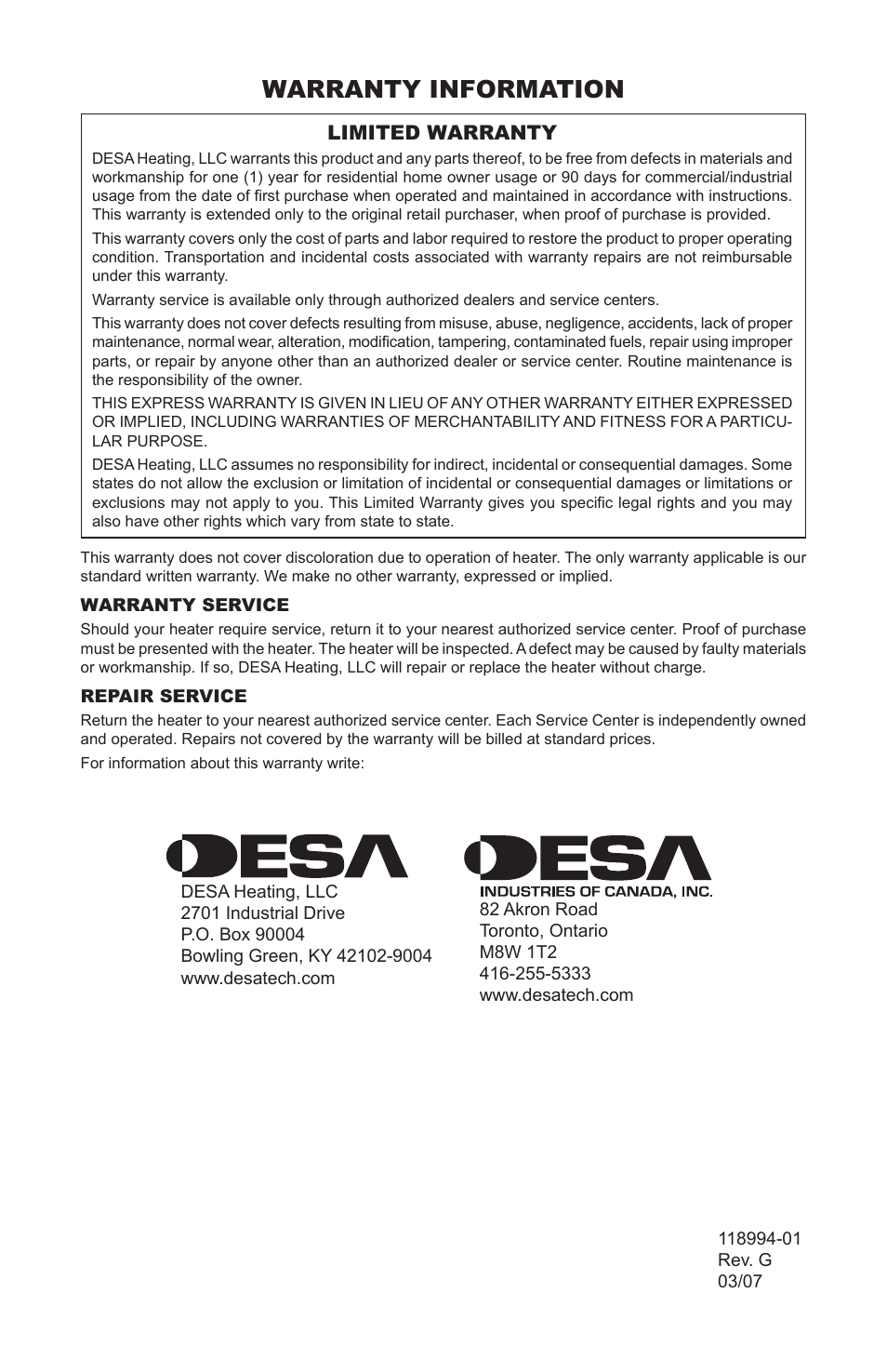 Warranty information | Desa TD100 User Manual | Page 16 / 52