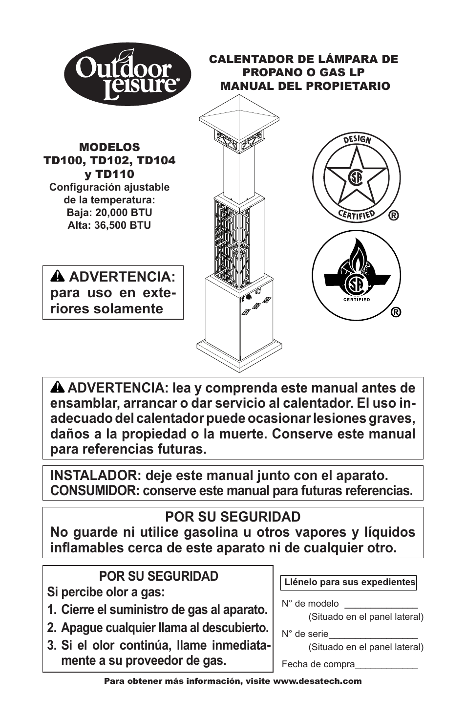 Advertencia: para uso en exte- riores solamente | Desa TD100 User Manual | Page 17 / 52