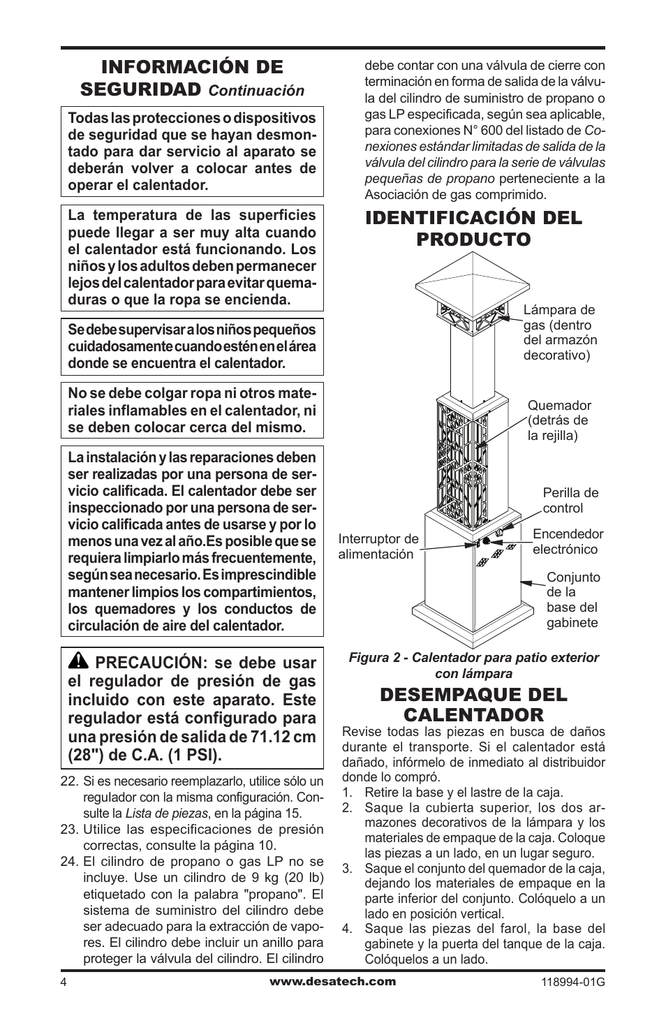 Identificación del producto, Desempaque del calentador, Información de seguridad | Desa TD100 User Manual | Page 20 / 52