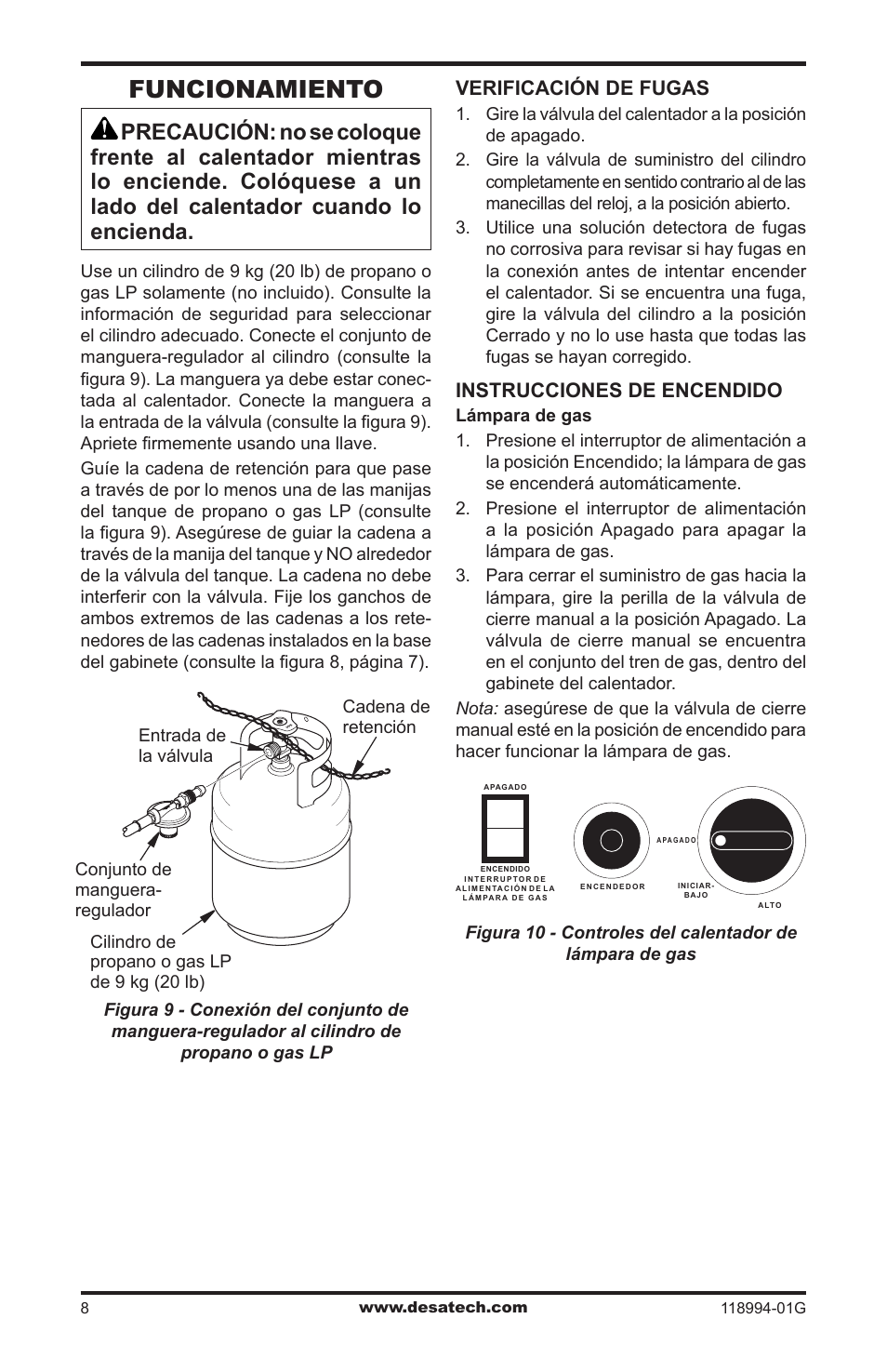 Funcionamiento, Verificación de fugas, Instrucciones de encendido | Desa TD100 User Manual | Page 24 / 52