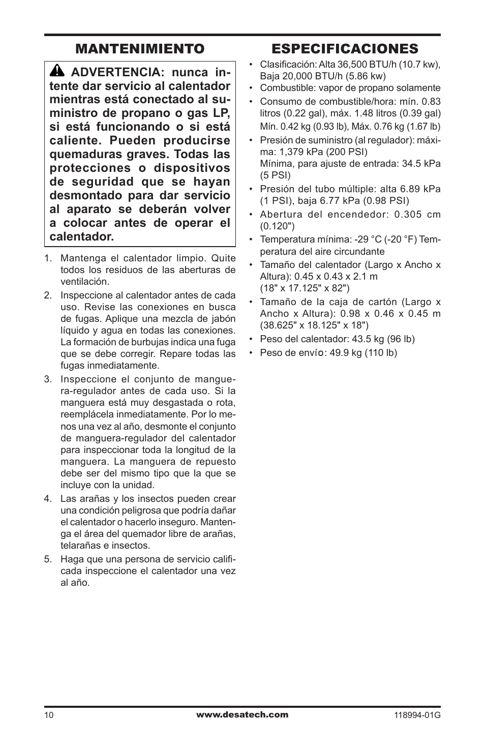 Mantenimiento, Especificaciones | Desa TD100 User Manual | Page 26 / 52