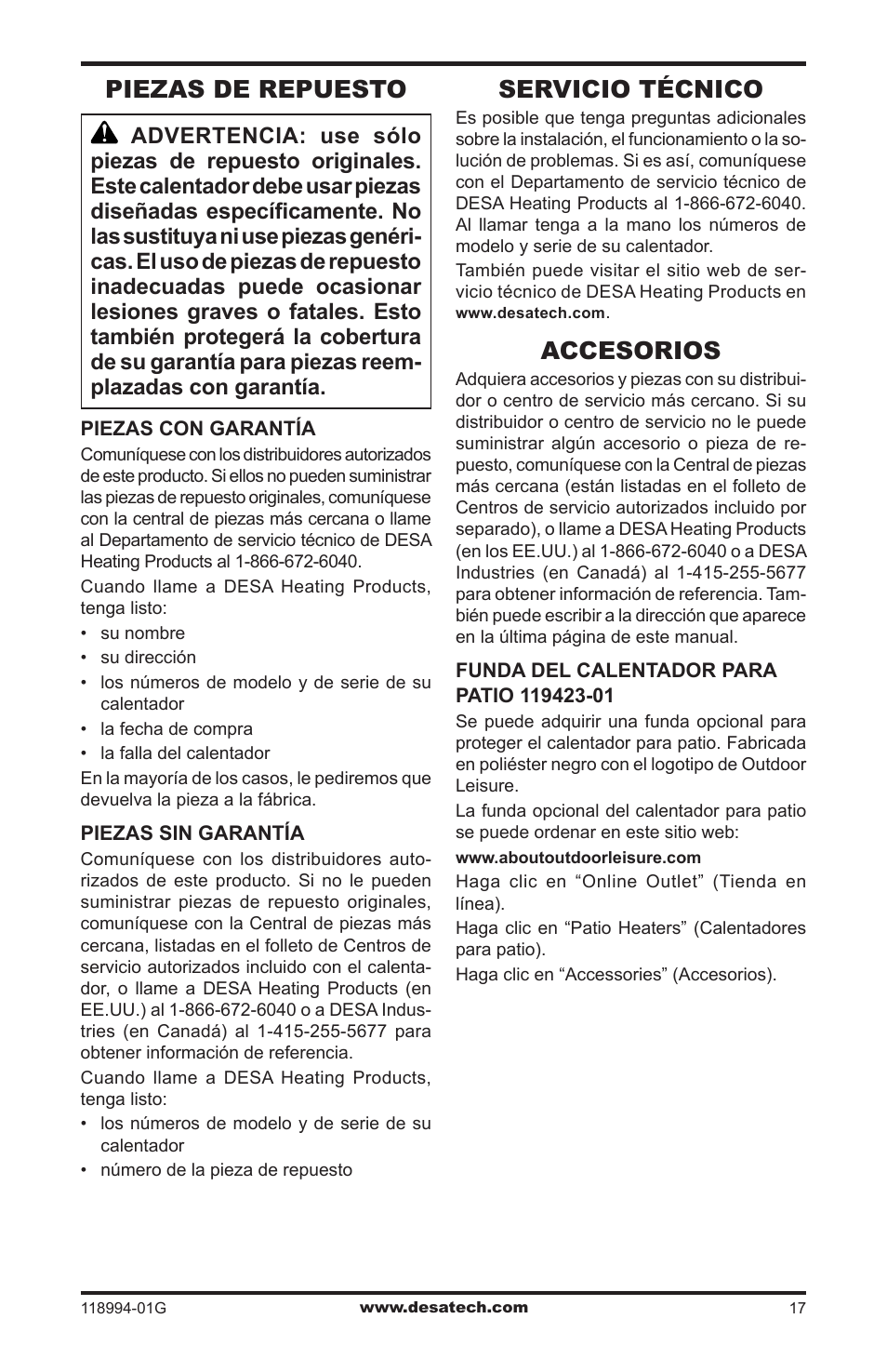 Piezas de repuesto, Servicio técnico, Accesorios | Desa TD100 User Manual | Page 33 / 52