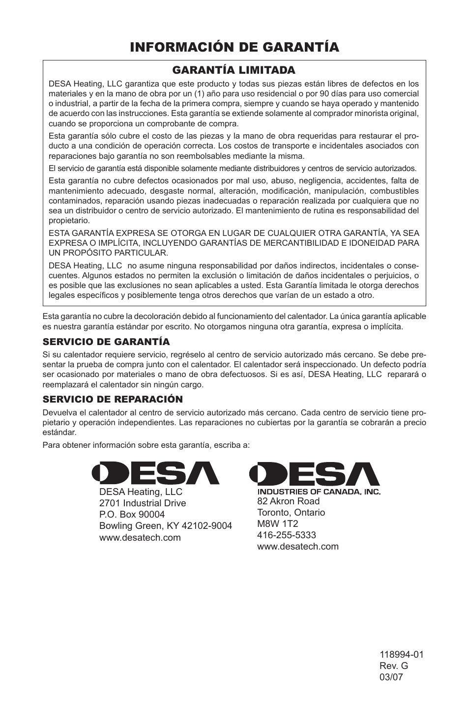 Información de garantía | Desa TD100 User Manual | Page 34 / 52