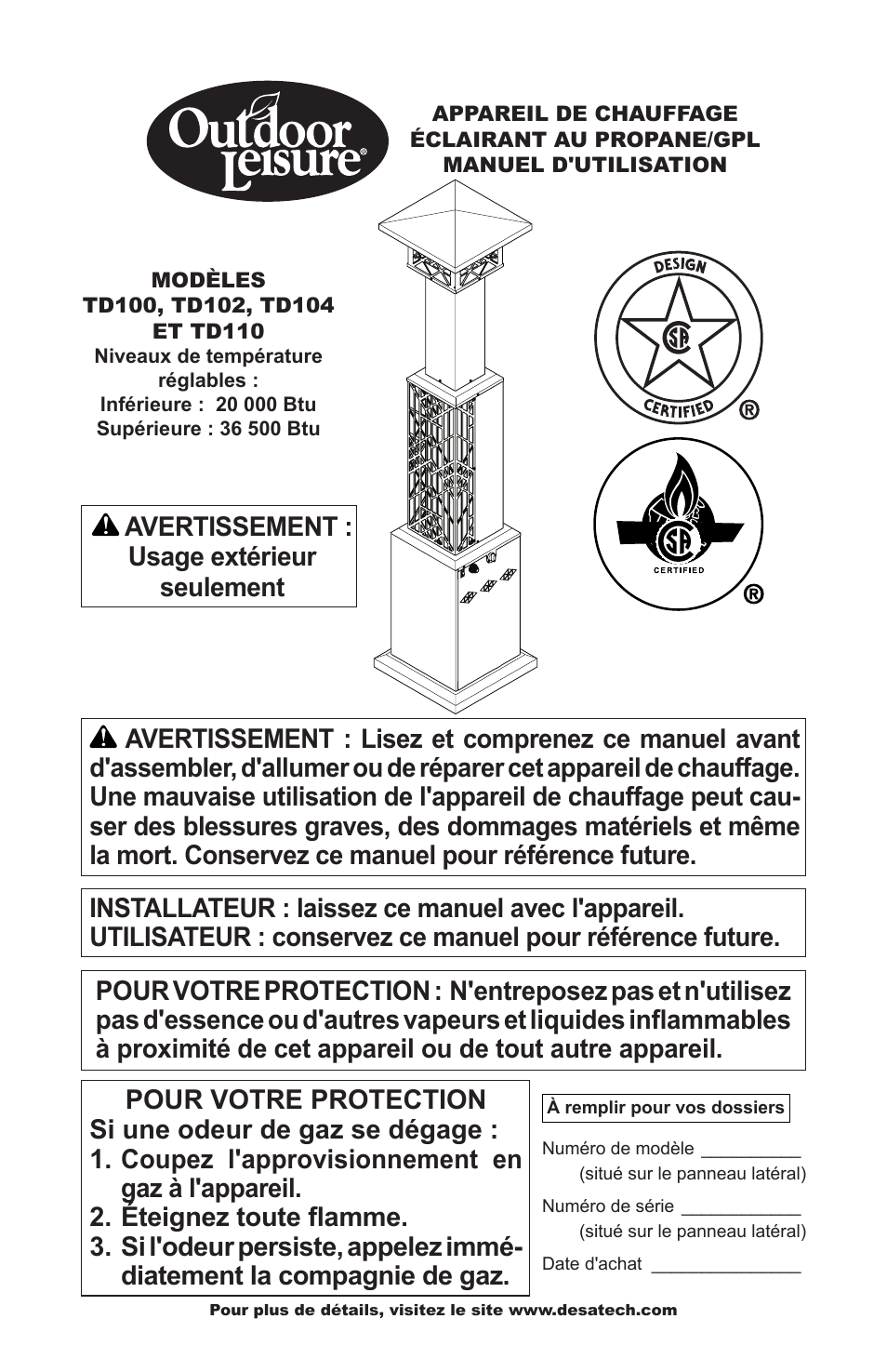 Avertissement : usage extérieur seulement | Desa TD100 User Manual | Page 35 / 52