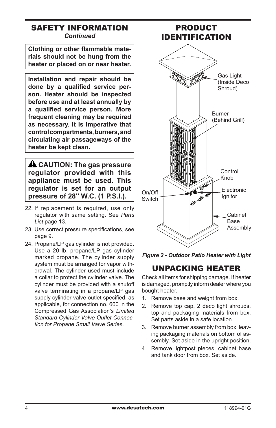 Product identification, Unpacking heater, Safety information | Desa TD100 User Manual | Page 4 / 52