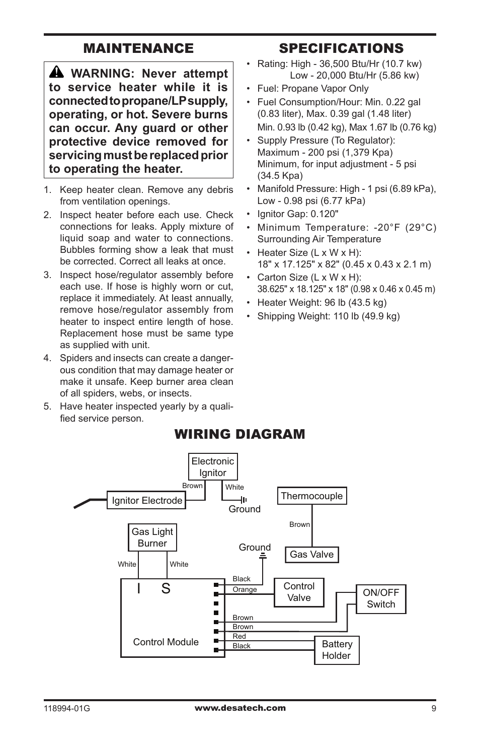 Maintenance, Specifications, Wiring diagram | Desa TD100 User Manual | Page 9 / 52