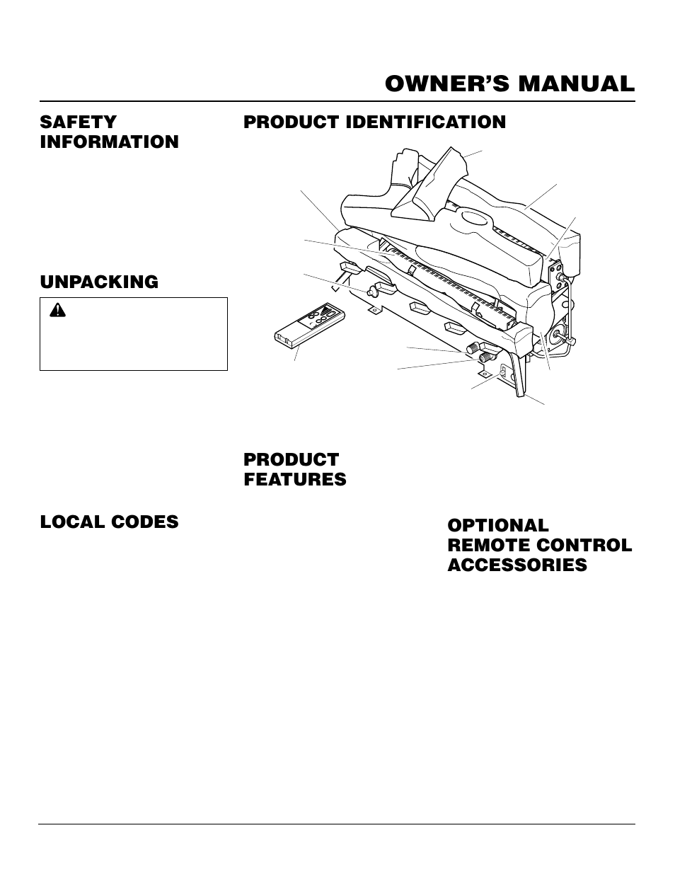 Owner’s manual, Product identification local codes, Safety information | Unpacking product features, Optional remote control accessories | Desa VS30PRA User Manual | Page 3 / 26