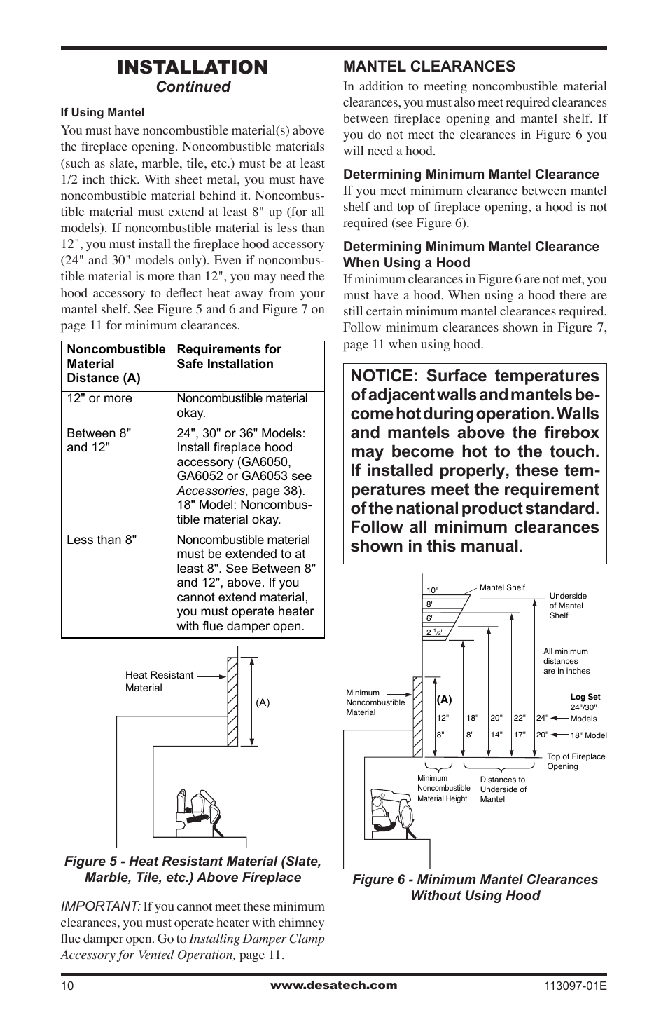 Installation, Mantel clearances, Continued | Desa CCL3018PTA/NTA  EN User Manual | Page 10 / 40