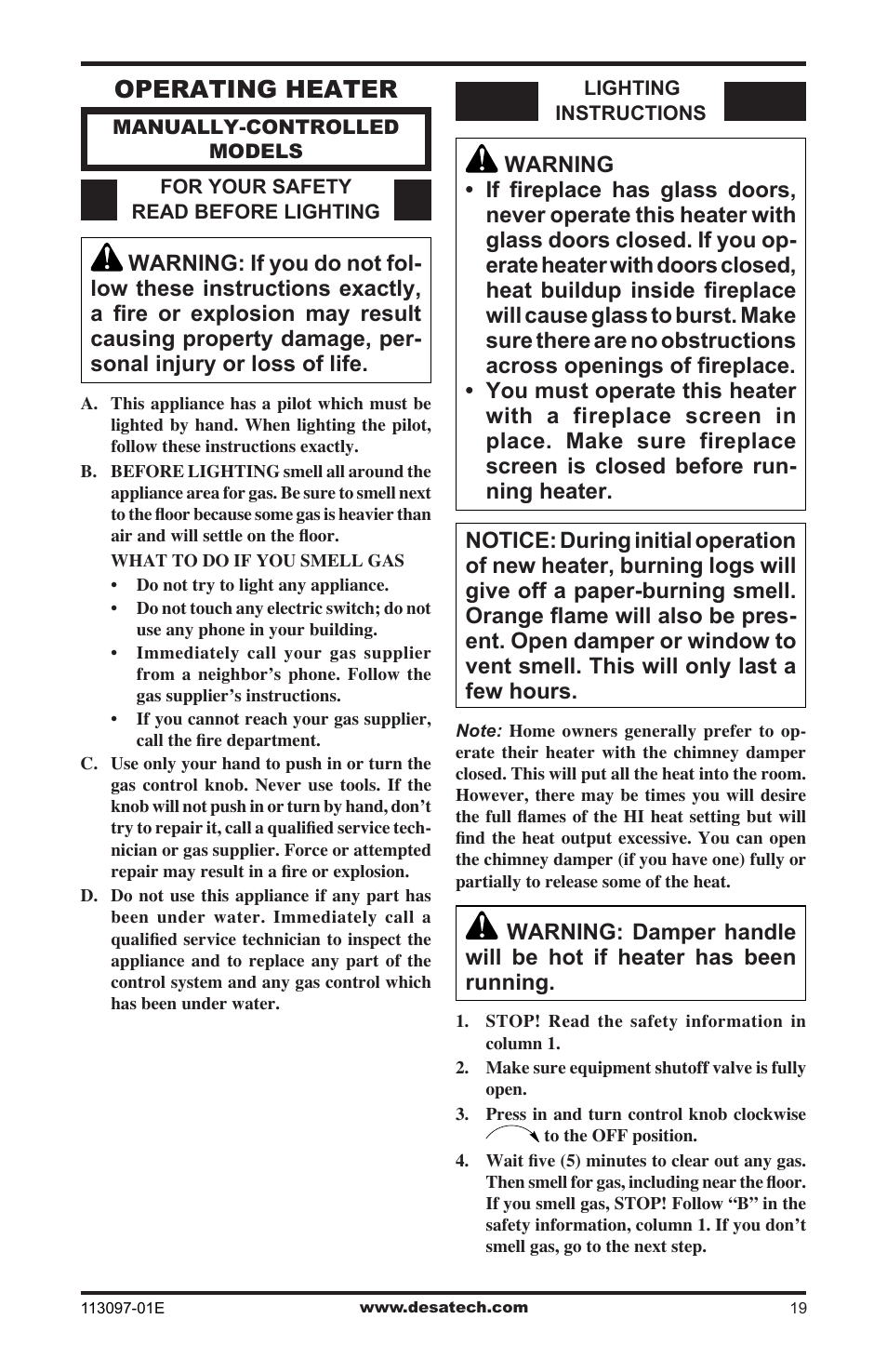 Operating heater | Desa CCL3018PTA/NTA  EN User Manual | Page 19 / 40