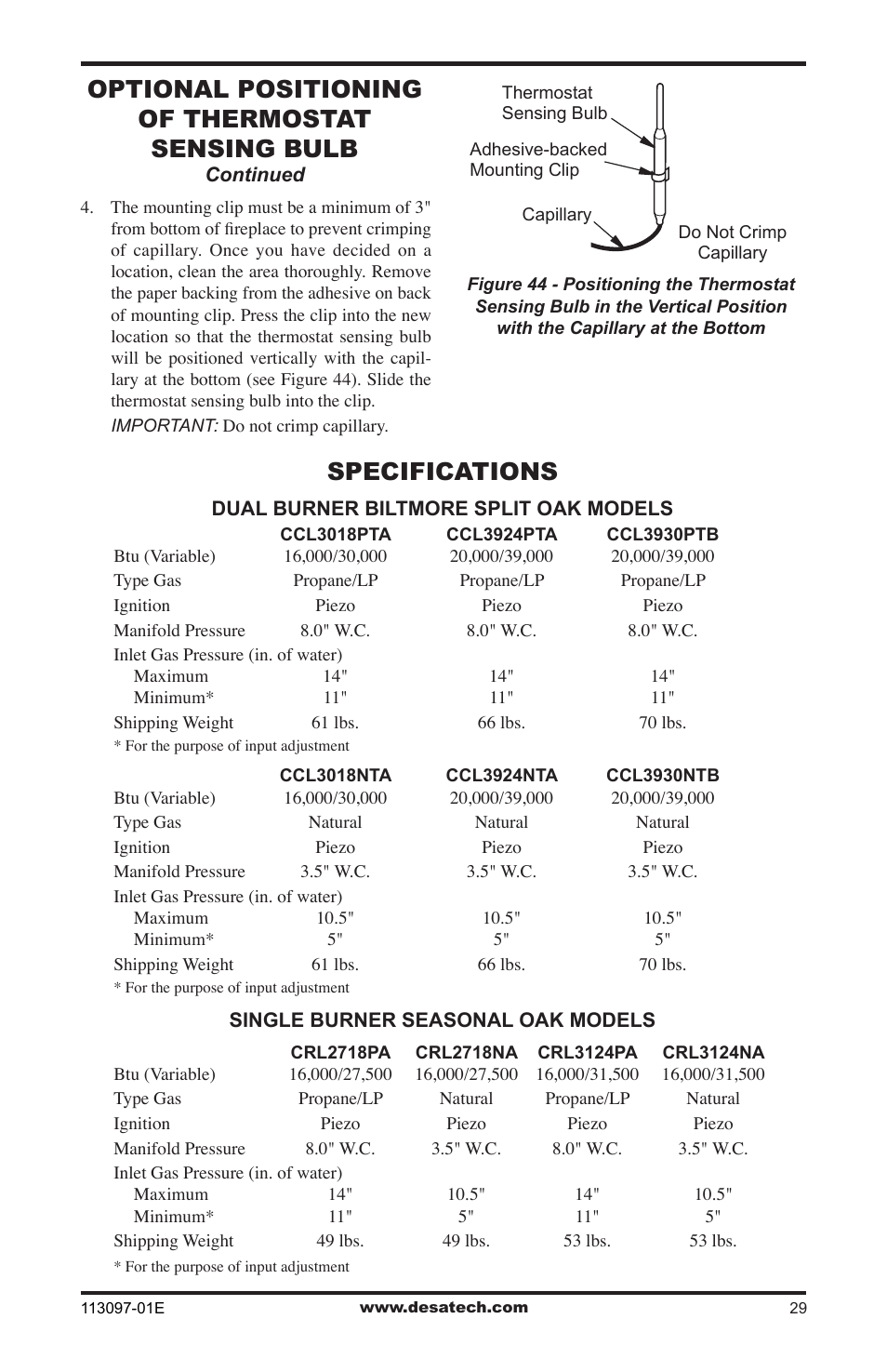 Specifications, Optional positioning of thermostat sensing bulb | Desa CCL3018PTA/NTA  EN User Manual | Page 29 / 40