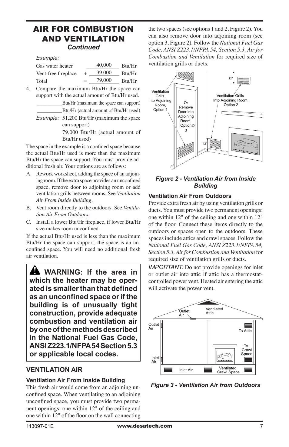Air for combustion and ventilation, Ventilation air, Continued | Desa CCL3018PTA/NTA  EN User Manual | Page 7 / 40