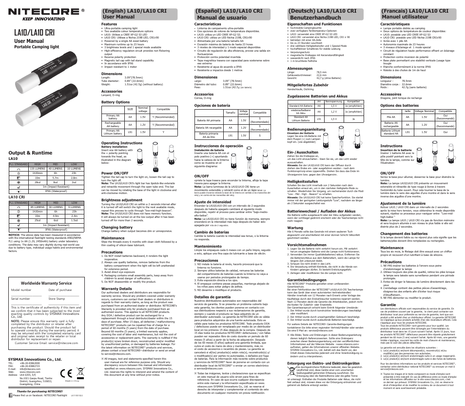 NITECORE LA10 CRI LED Flashlight User Manual | 2 pages