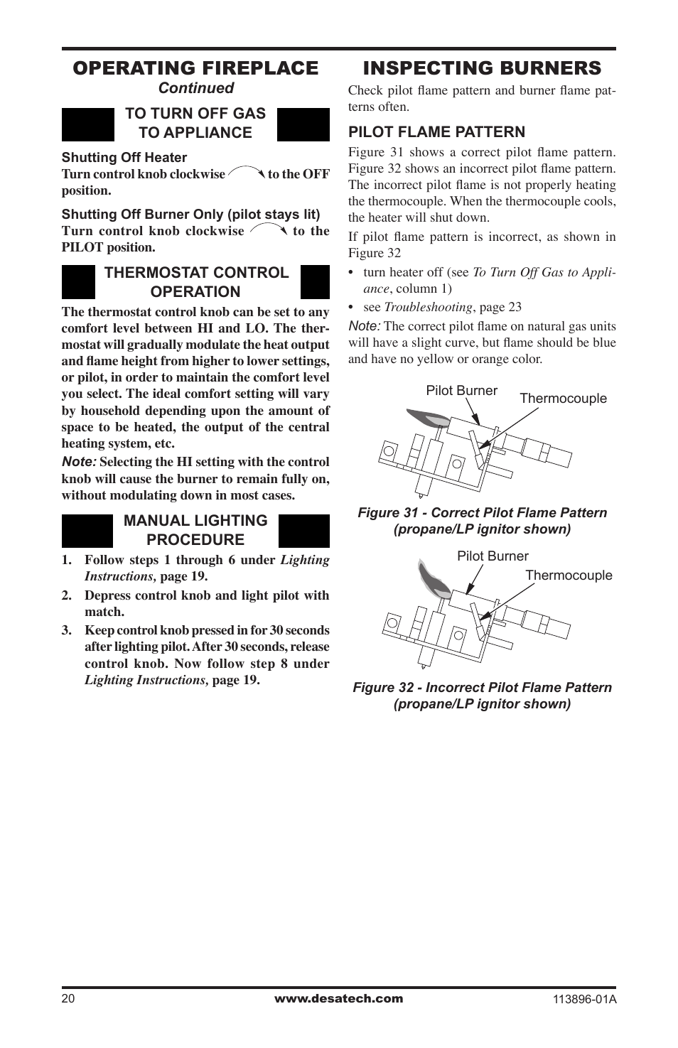 Inspecting burners, Operating fireplace | Desa CF26PTA User Manual | Page 20 / 36