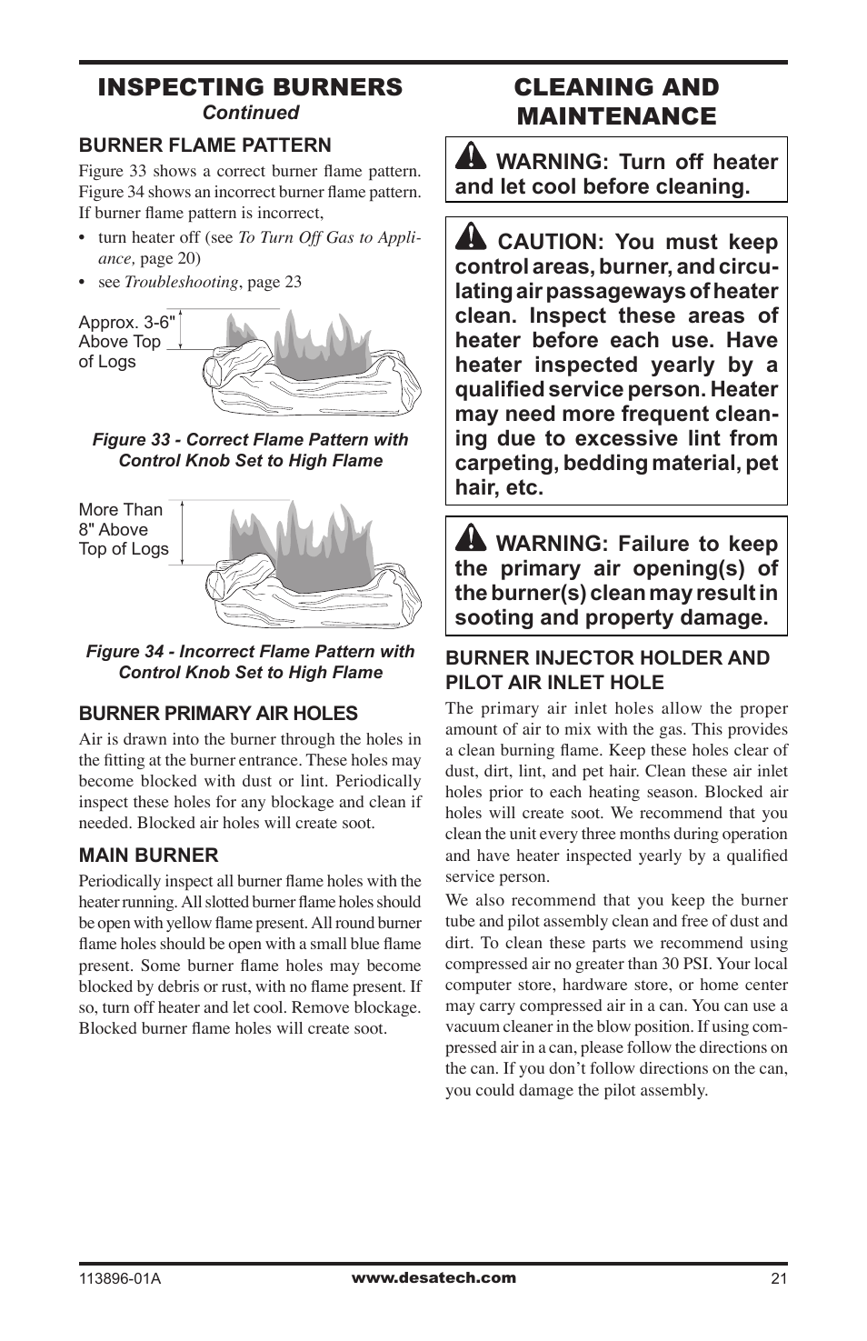Cleaning and maintenance, Inspecting burners | Desa CF26PTA User Manual | Page 21 / 36