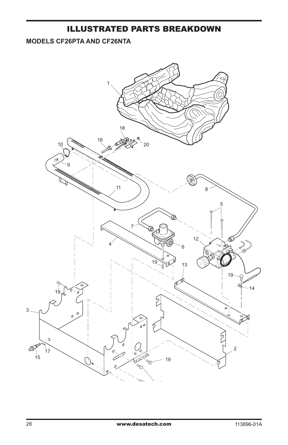 Illustrated parts breakdown and parts list, Illustrated parts breakdown, Models cf26pta and cf26nta | Desa CF26PTA User Manual | Page 28 / 36