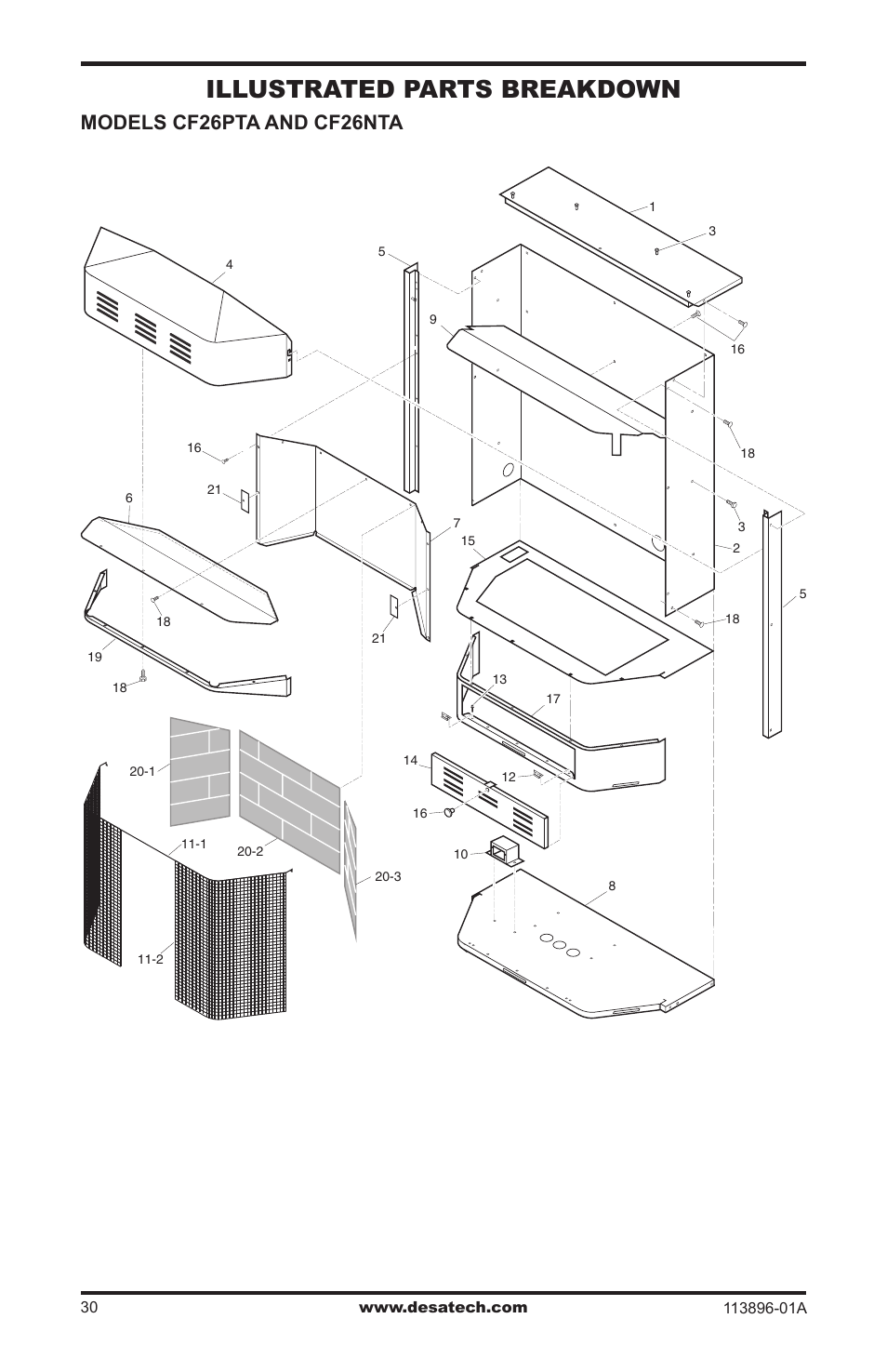 Illustrated parts breakdown, Models cf26pta and cf26nta | Desa CF26PTA User Manual | Page 30 / 36