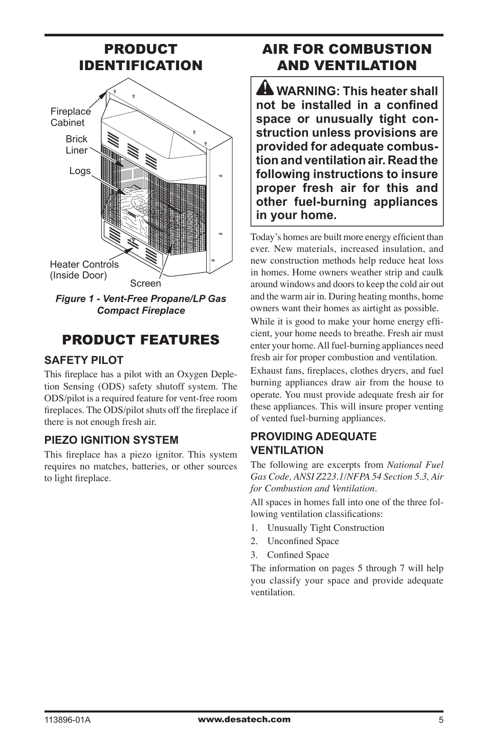 Product identification, Product features, Air for combustion and ventilation | Desa CF26PTA User Manual | Page 5 / 36