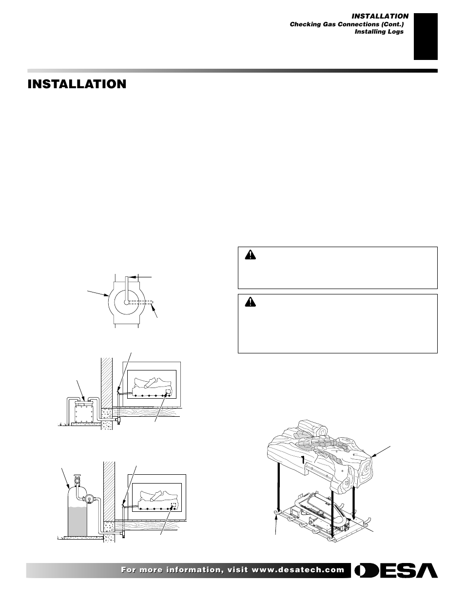 Installation, Continued, Installing logs | Desa VML27NR User Manual | Page 13 / 28