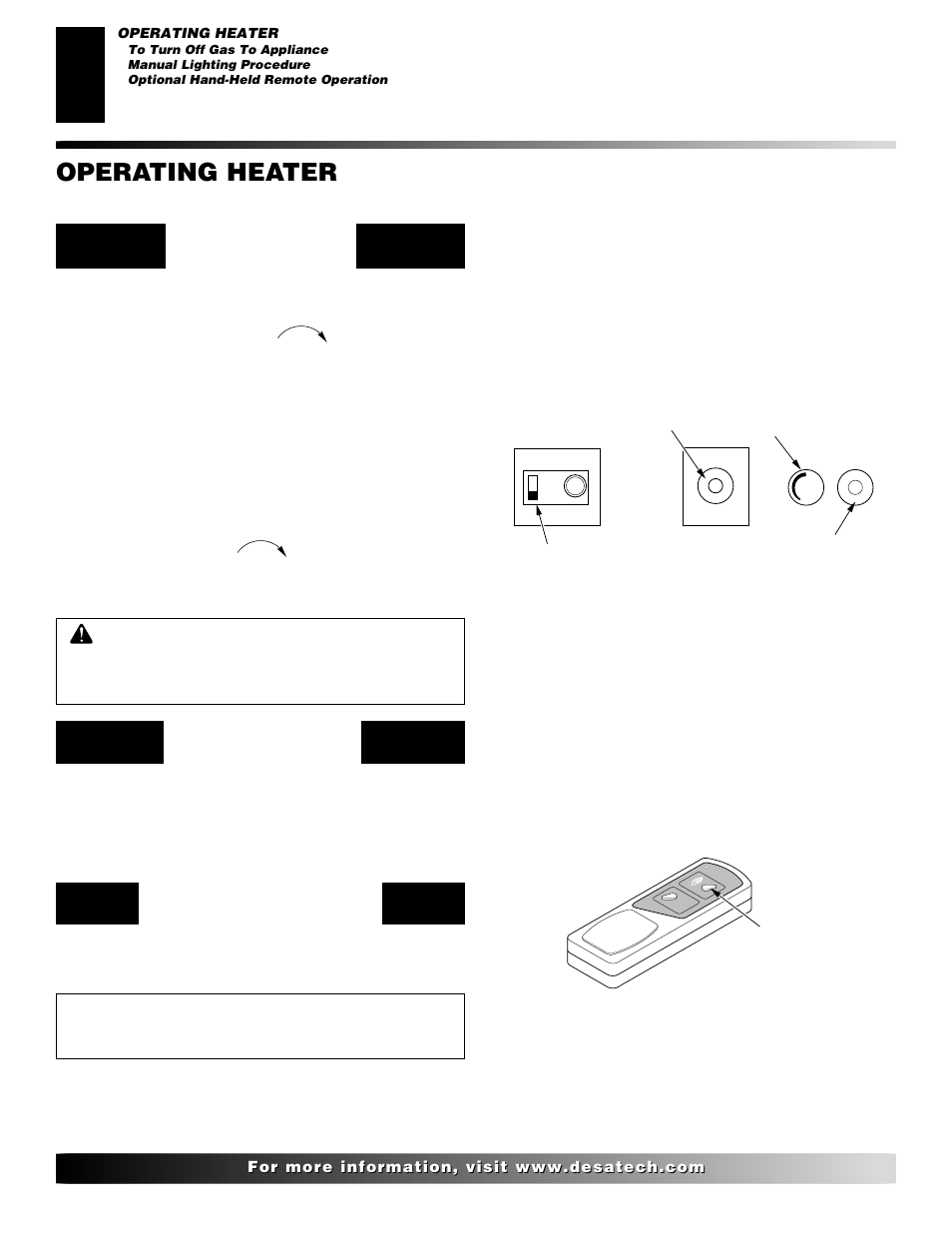 Operating heater, Continued, Manual lighting procedure | Optional hand-held remote operation, On/off series (model ghrcb), Thermostat series (model ghrctb) | Desa VML27NR User Manual | Page 16 / 28