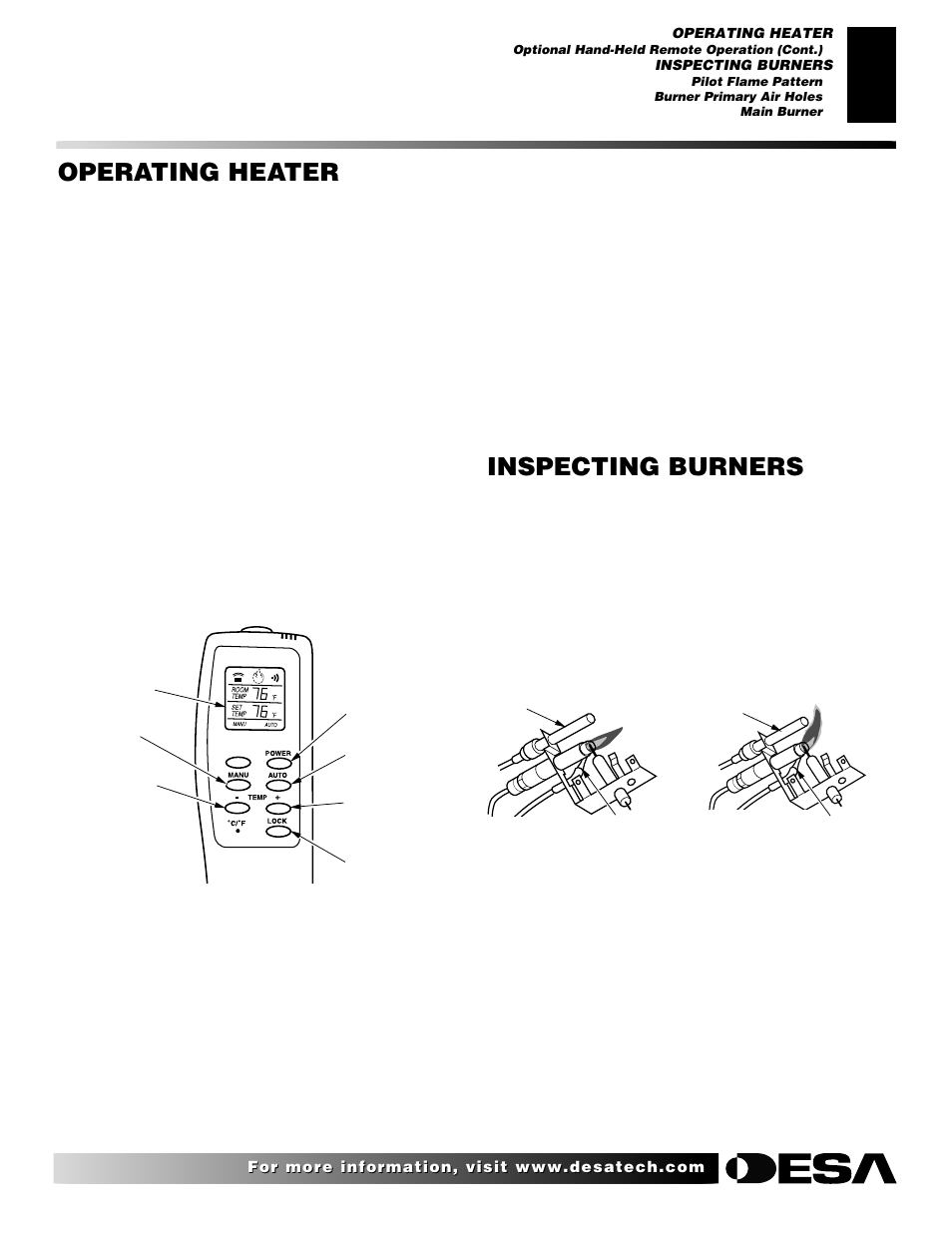 Operating heater, Inspecting burners, Continued | Desa VML27NR User Manual | Page 17 / 28