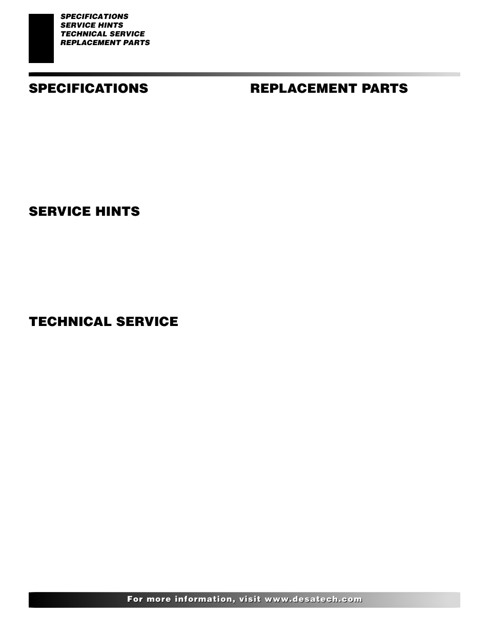 Service hints, Technical service, Replacement parts | Specifications | Desa VML27NR User Manual | Page 24 / 28