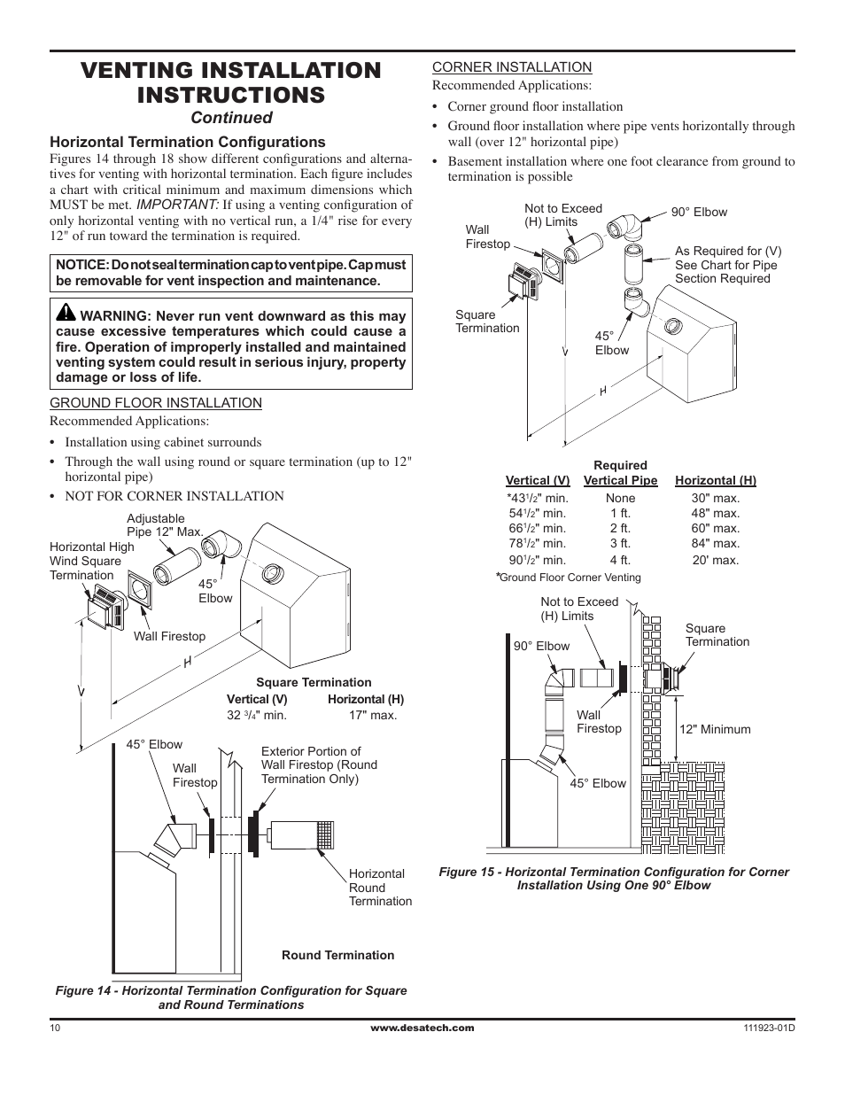 Venting installation instructions, Continued | Desa (V)K36N User Manual | Page 10 / 36