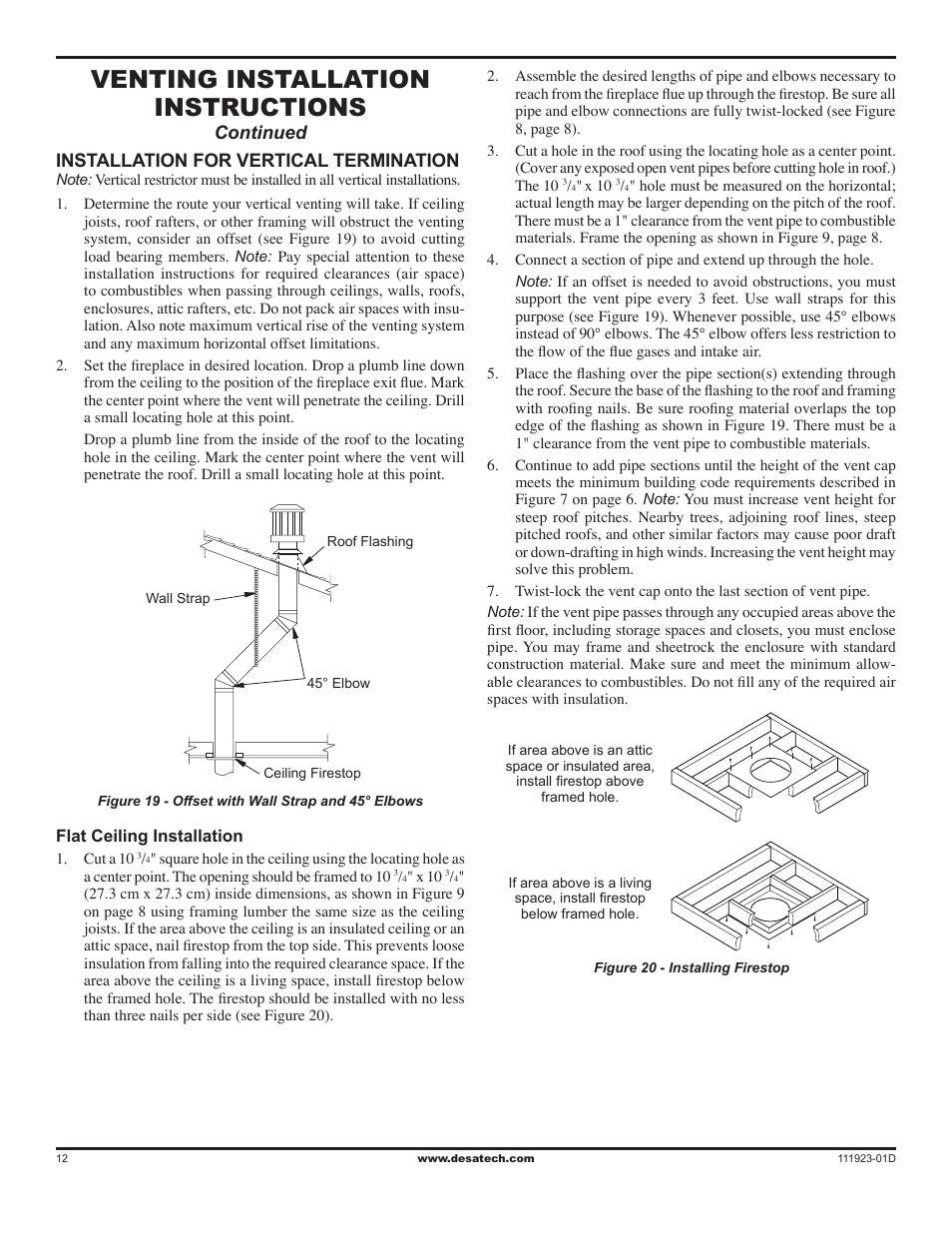 Venting installation instructions, Installation for vertical termination, Continued | Desa (V)K36N User Manual | Page 12 / 36