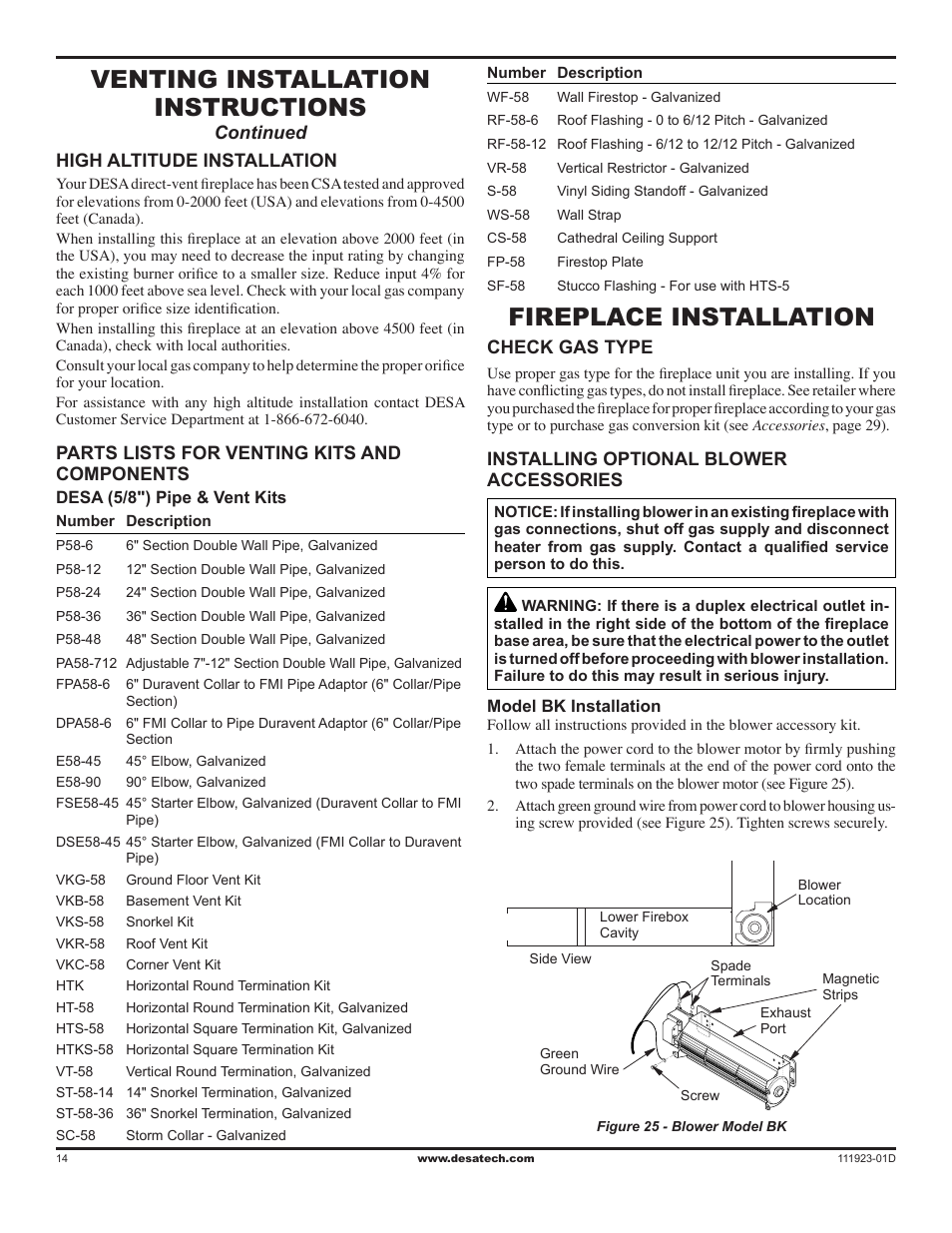 Fireplace installation, Venting installation instructions | Desa (V)K36N User Manual | Page 14 / 36