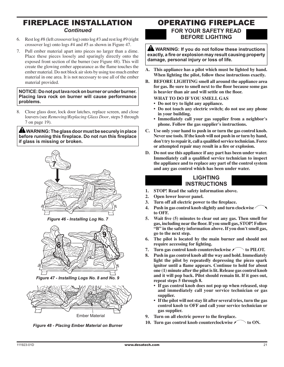 Operating fireplace, Fireplace installation | Desa (V)K36N User Manual | Page 21 / 36