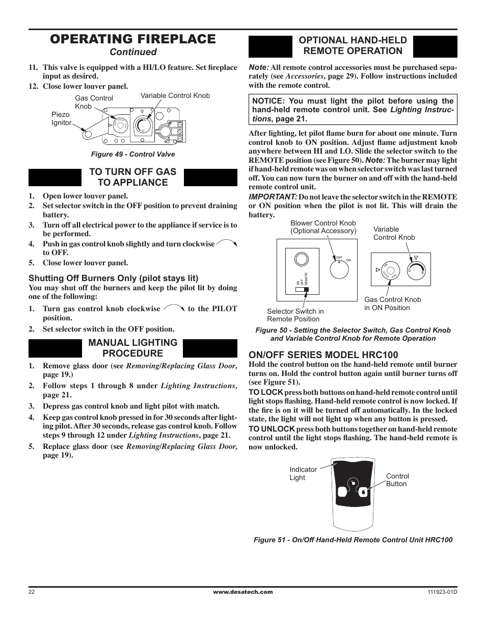 Operating fireplace, Manual lighting procedure, Continued optional hand-held remote operation | On/off series model hrc100, Shutting off burners only (pilot stays lit) | Desa (V)K36N User Manual | Page 22 / 36
