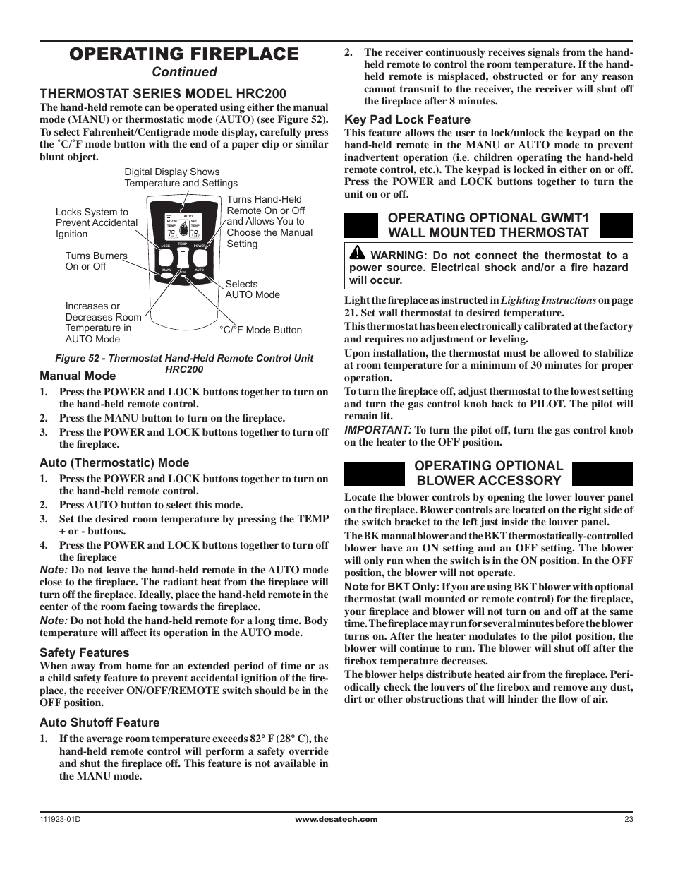 Operating fireplace, Thermostat series model hrc200, Operating optional gwmt1 wall mounted thermostat | Operating optional blower accessory, Continued | Desa (V)K36N User Manual | Page 23 / 36