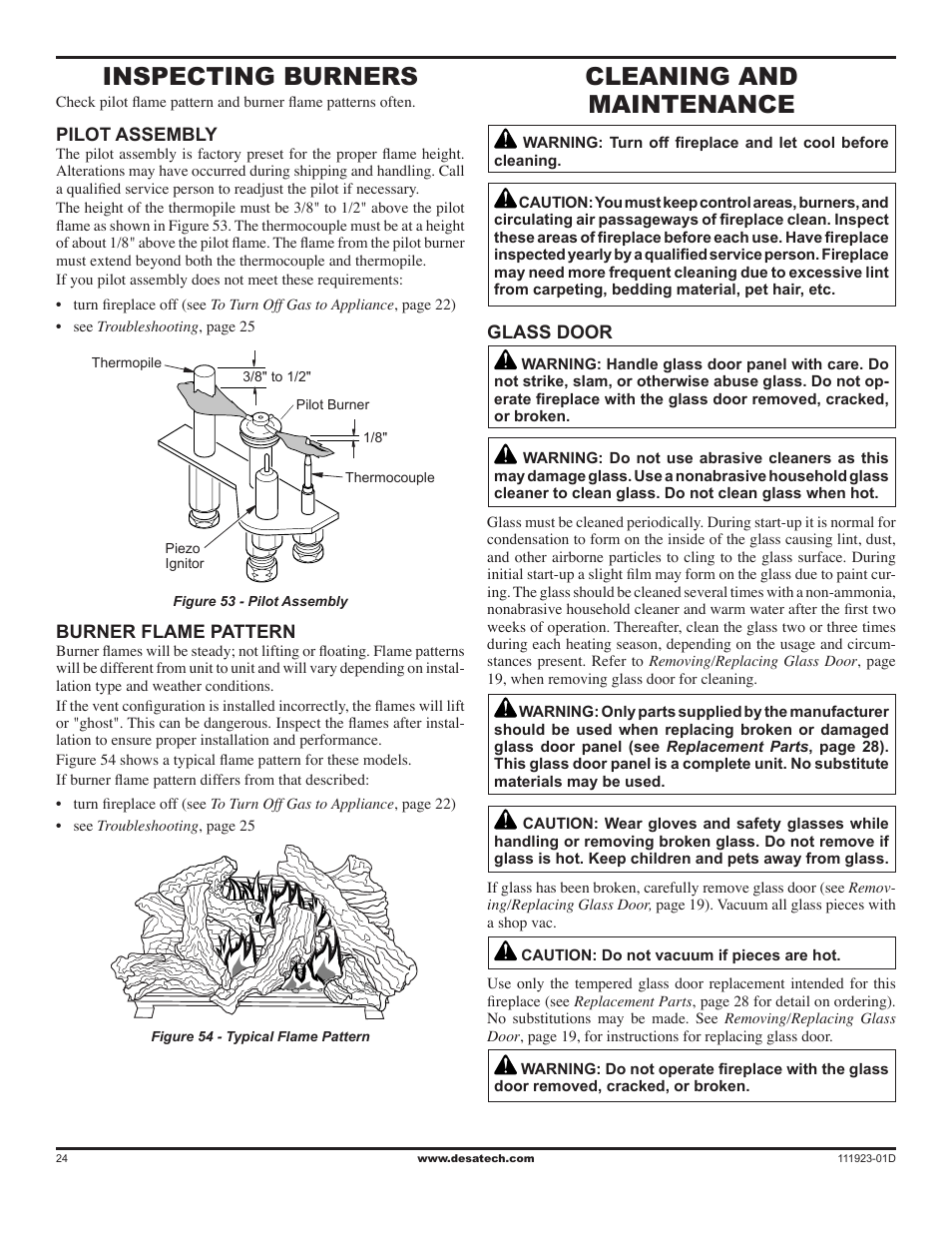 Inspecting burners, Cleaning and maintenance | Desa (V)K36N User Manual | Page 24 / 36