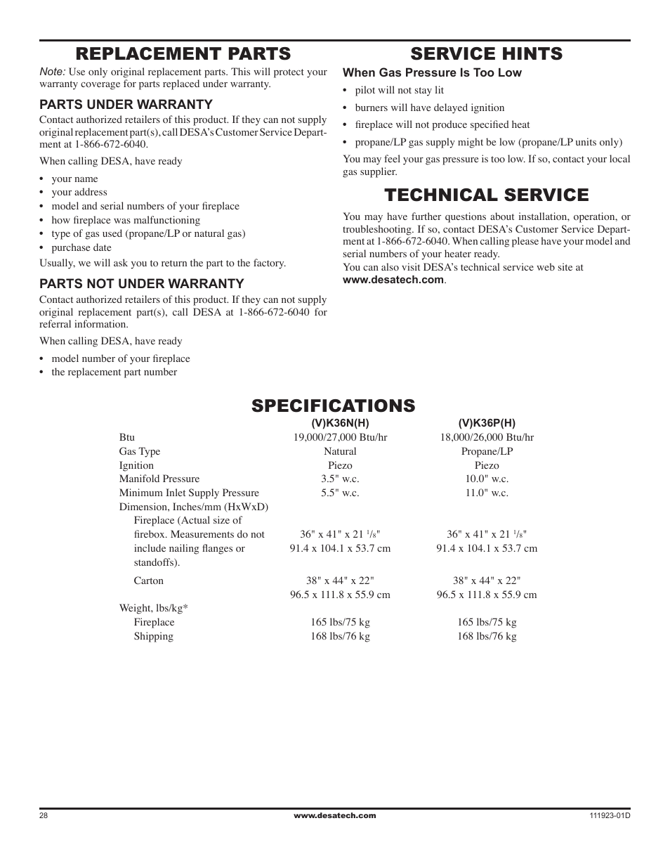 Replacement parts, Service hints, Technical service | Specifications | Desa (V)K36N User Manual | Page 28 / 36