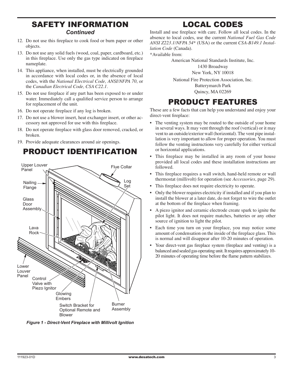 Product identification, Local codes, Product features | Product identification safety information | Desa (V)K36N User Manual | Page 3 / 36