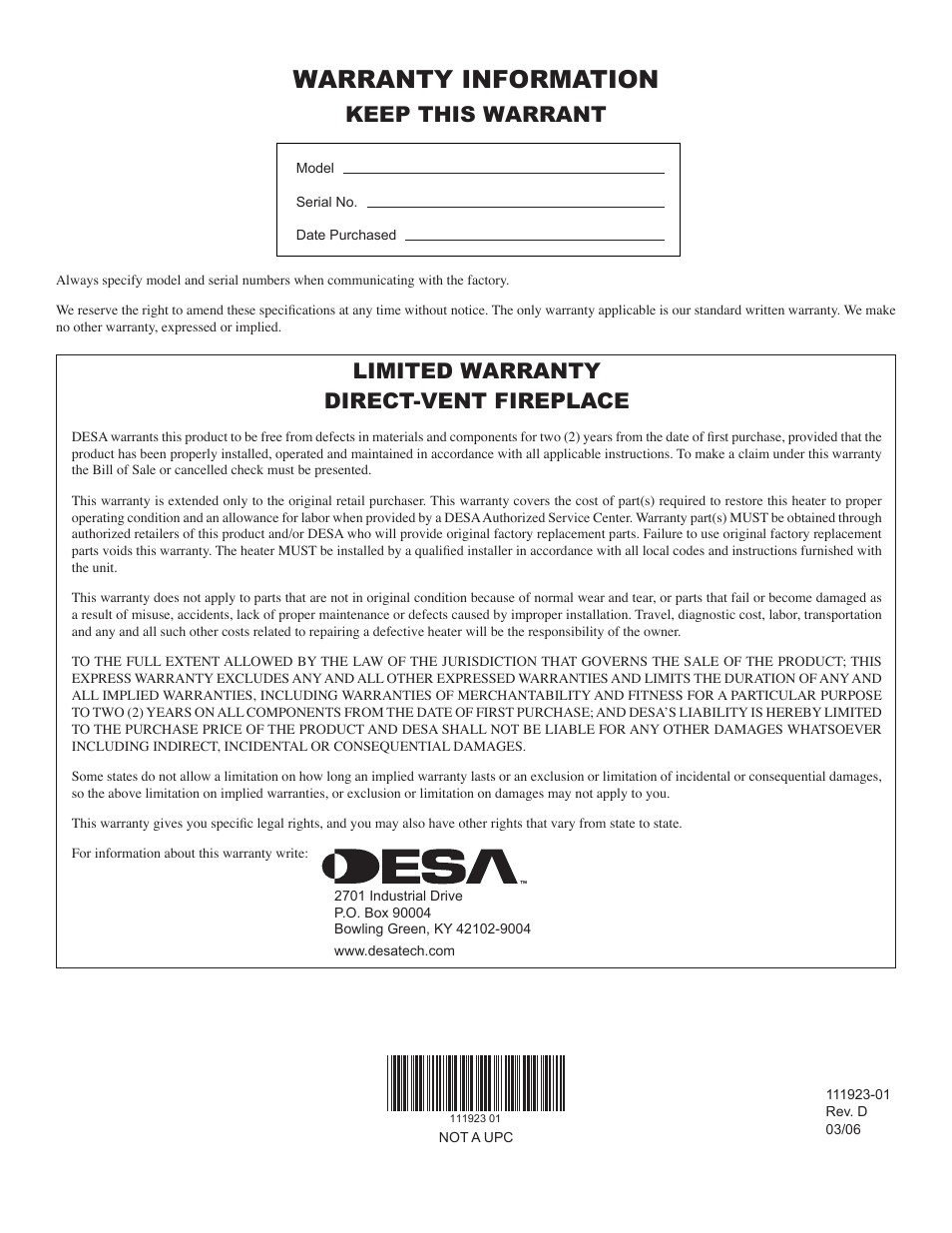 Warranty information, Limited warranty direct-vent fireplace, Keep this warrant | Desa (V)K36N User Manual | Page 36 / 36