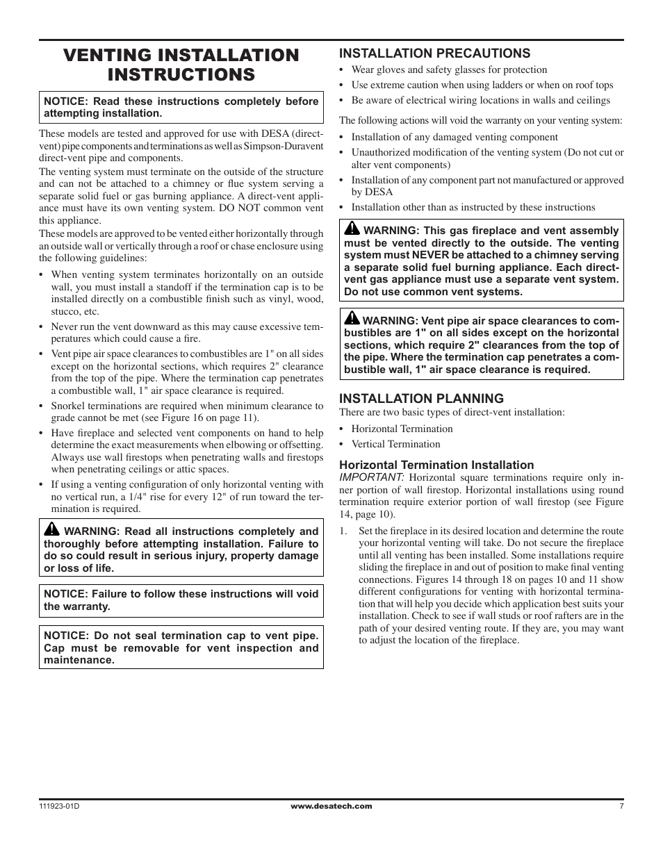 Venting installation instructions | Desa (V)K36N User Manual | Page 7 / 36