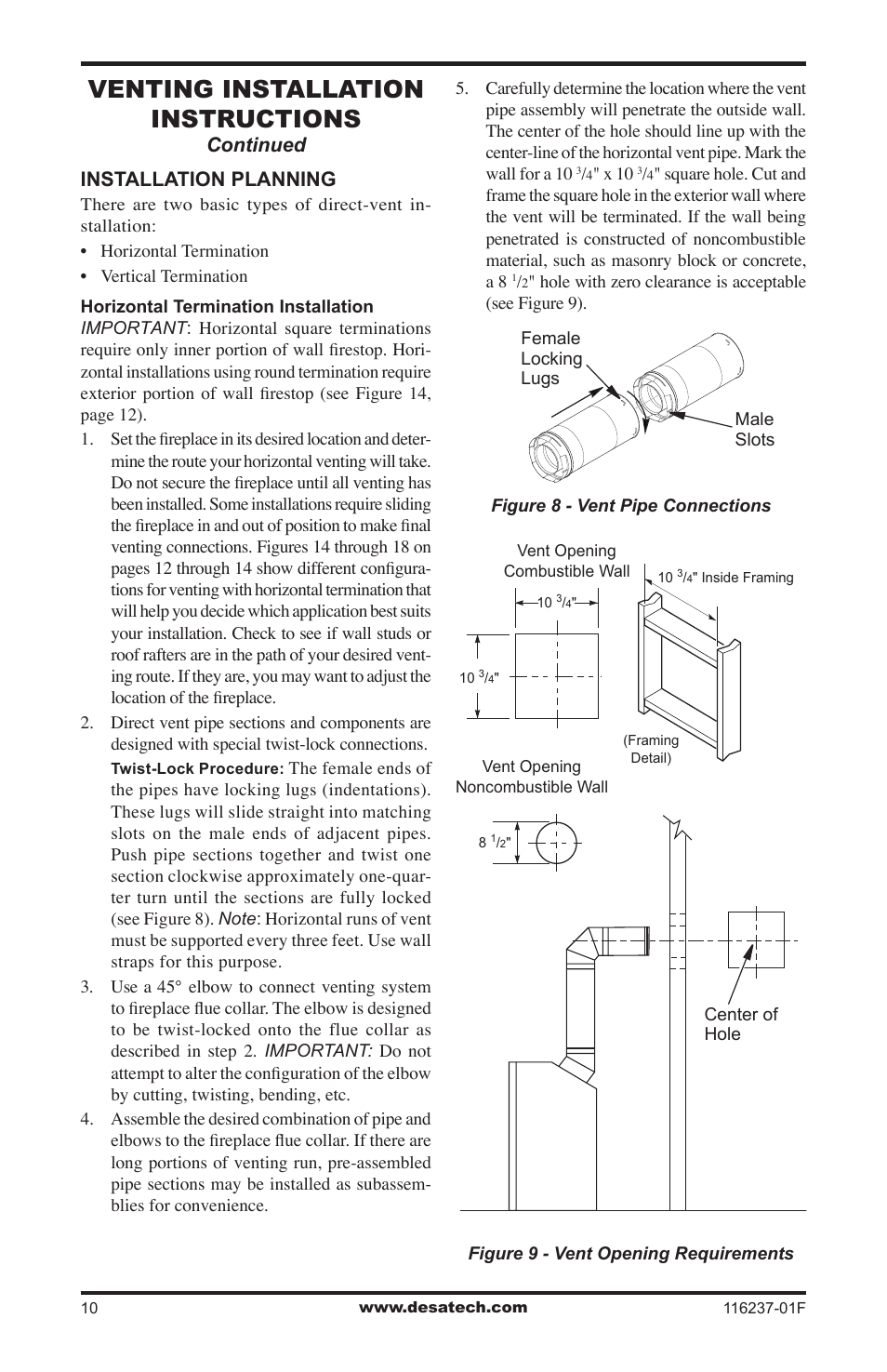 Venting installation instructions, Installation planning, Continued | Desa (V)VC42PE Series User Manual | Page 10 / 40