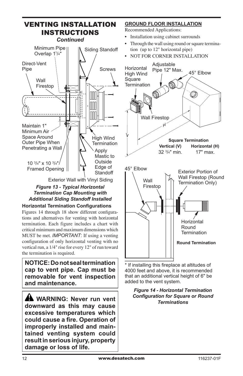 Venting installation instructions | Desa (V)VC42PE Series User Manual | Page 12 / 40