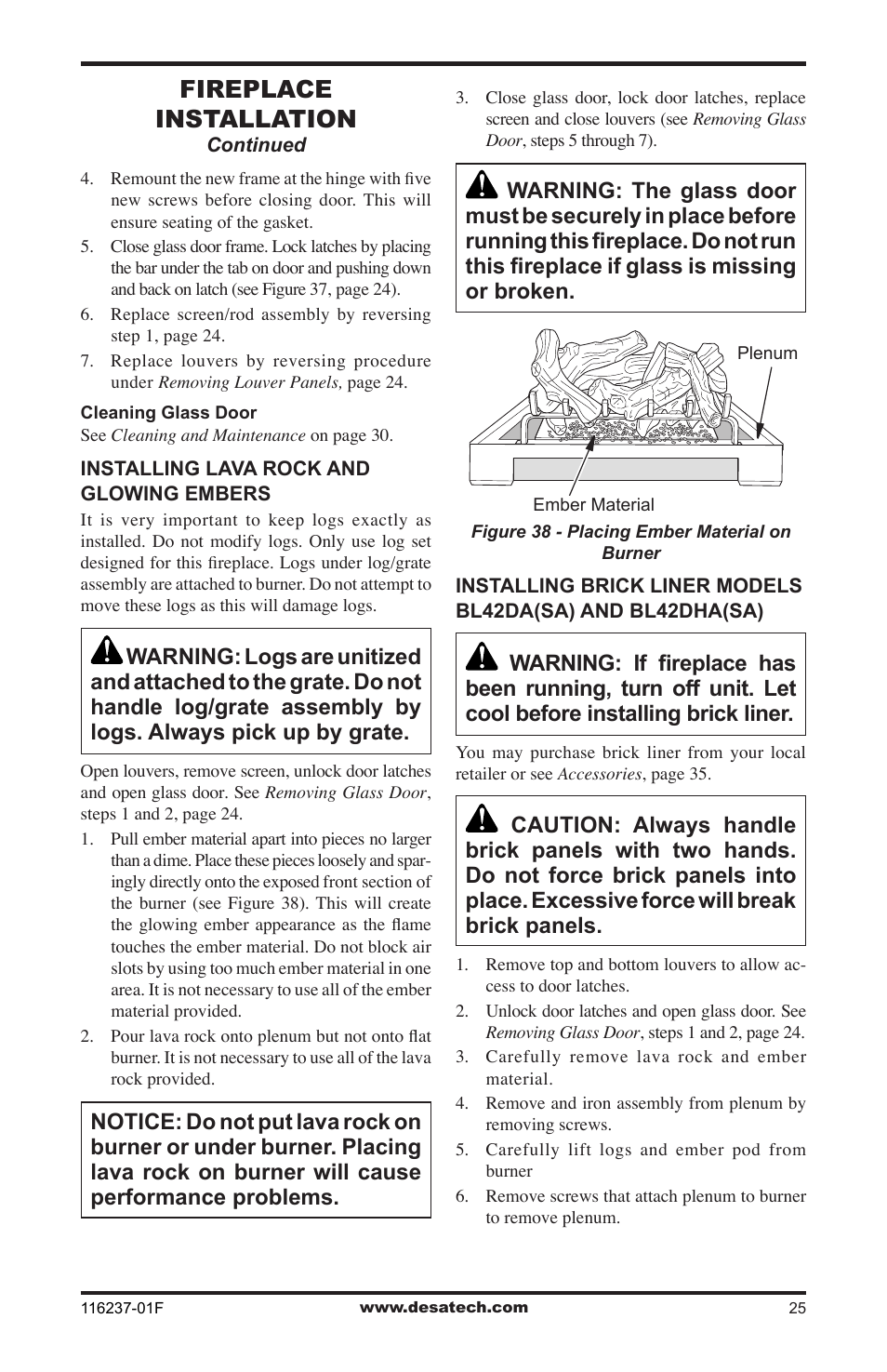Fireplace installation | Desa (V)VC42PE Series User Manual | Page 25 / 40