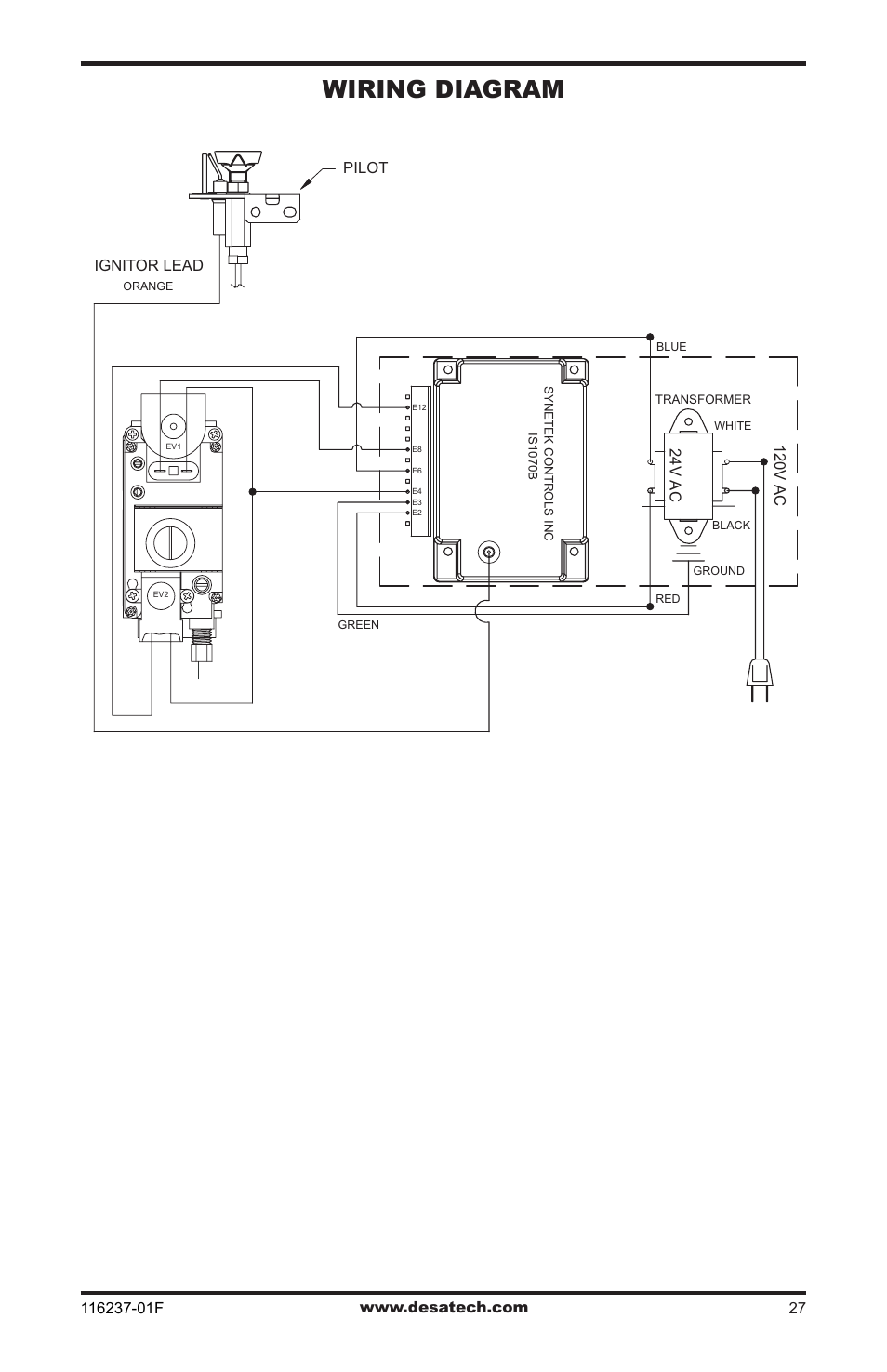 Wiring diagram, Ignitor lead, Pilot | 24v ac, 120v ac | Desa (V)VC42PE Series User Manual | Page 27 / 40