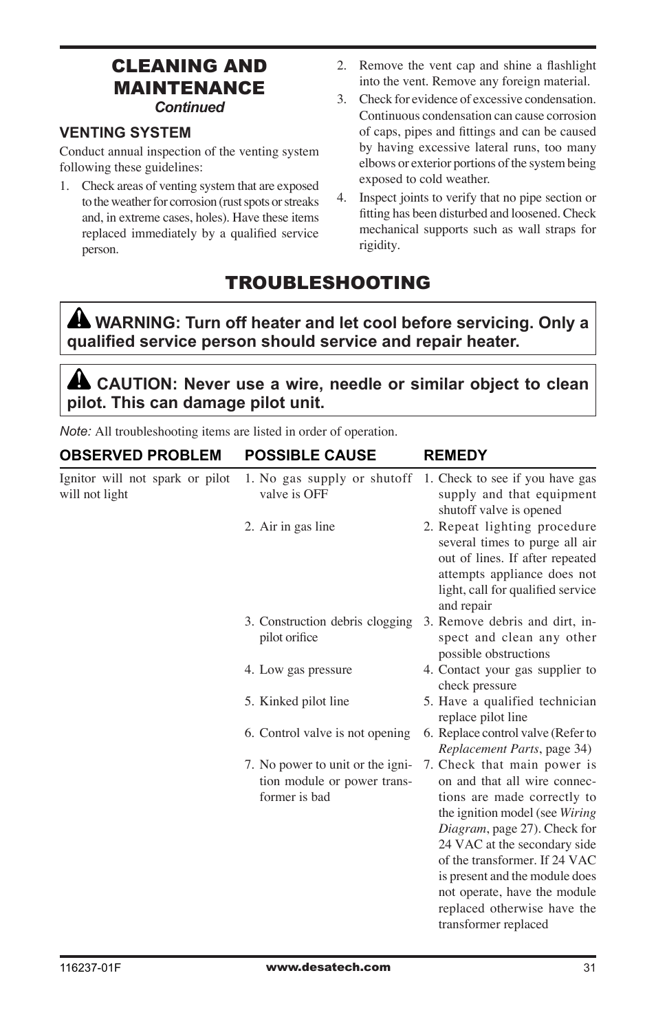 Troubleshooting, Cleaning and maintenance | Desa (V)VC42PE Series User Manual | Page 31 / 40