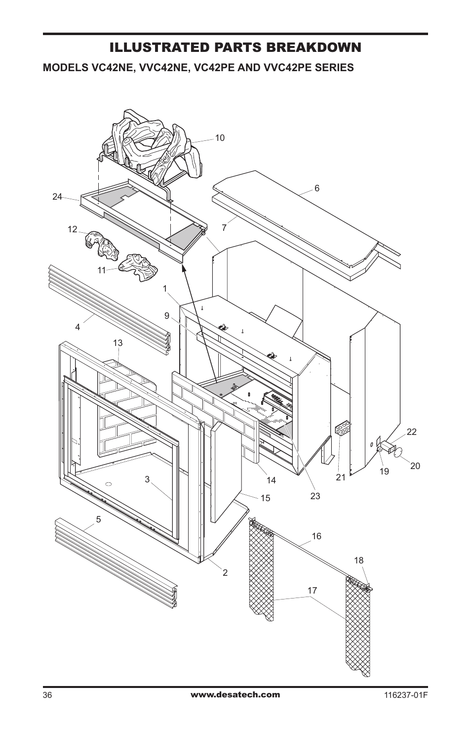 Illustrated parts breakdown and parts list, Illustrated parts breakdown | Desa (V)VC42PE Series User Manual | Page 36 / 40
