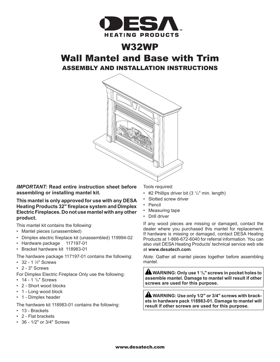Desa Wall Mantel and Base with Trim W32WP User Manual | 8 pages