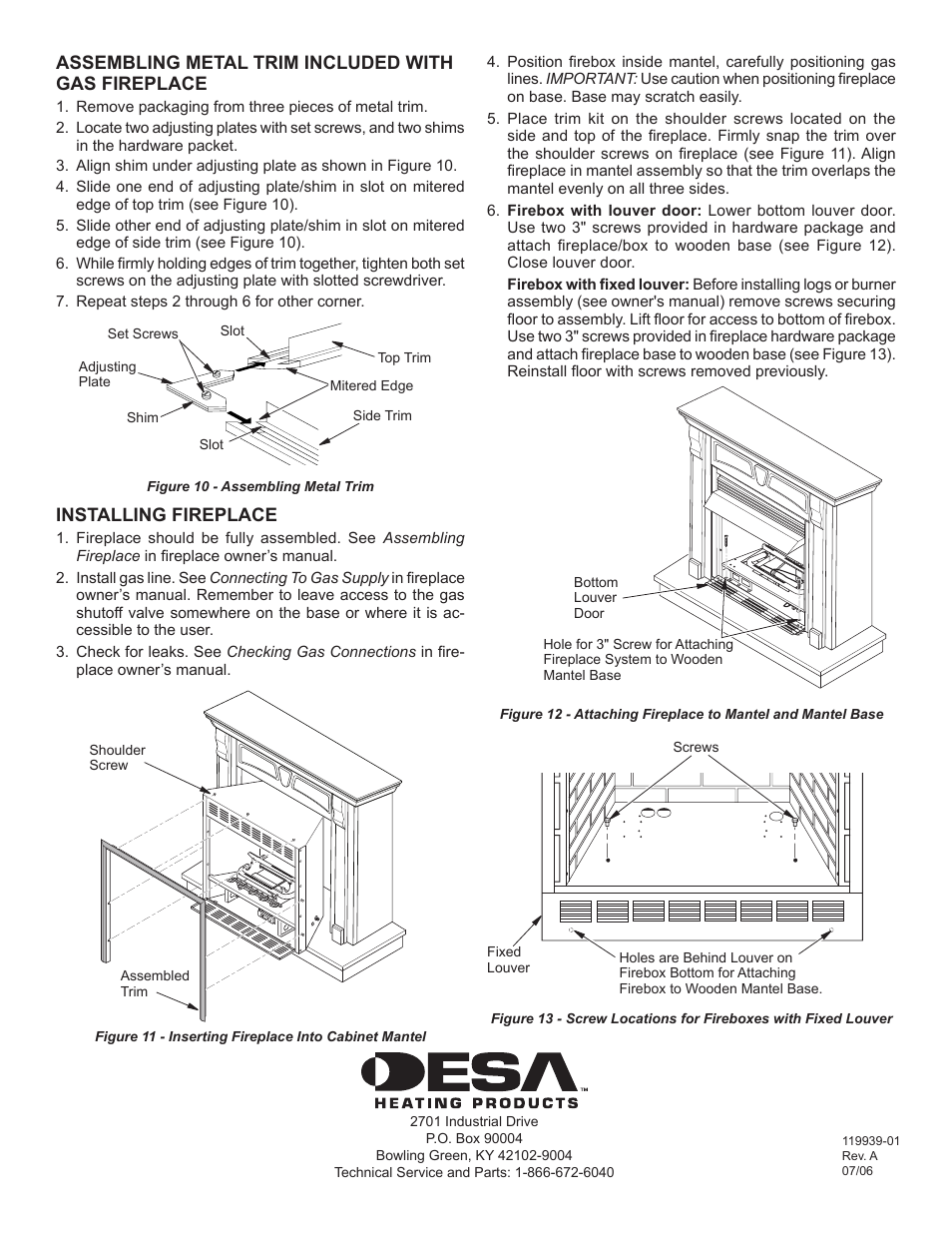 Assembling metal trim included with gas fireplace, Installing fireplace | Desa Wall Mantel and Base with Trim W32WP User Manual | Page 4 / 8
