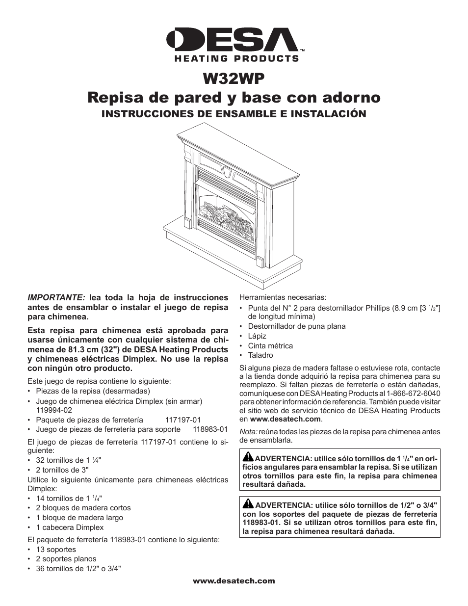 W32wp repisa de pared y base con adorno, Instrucciones de ensamble e instalación | Desa Wall Mantel and Base with Trim W32WP User Manual | Page 5 / 8