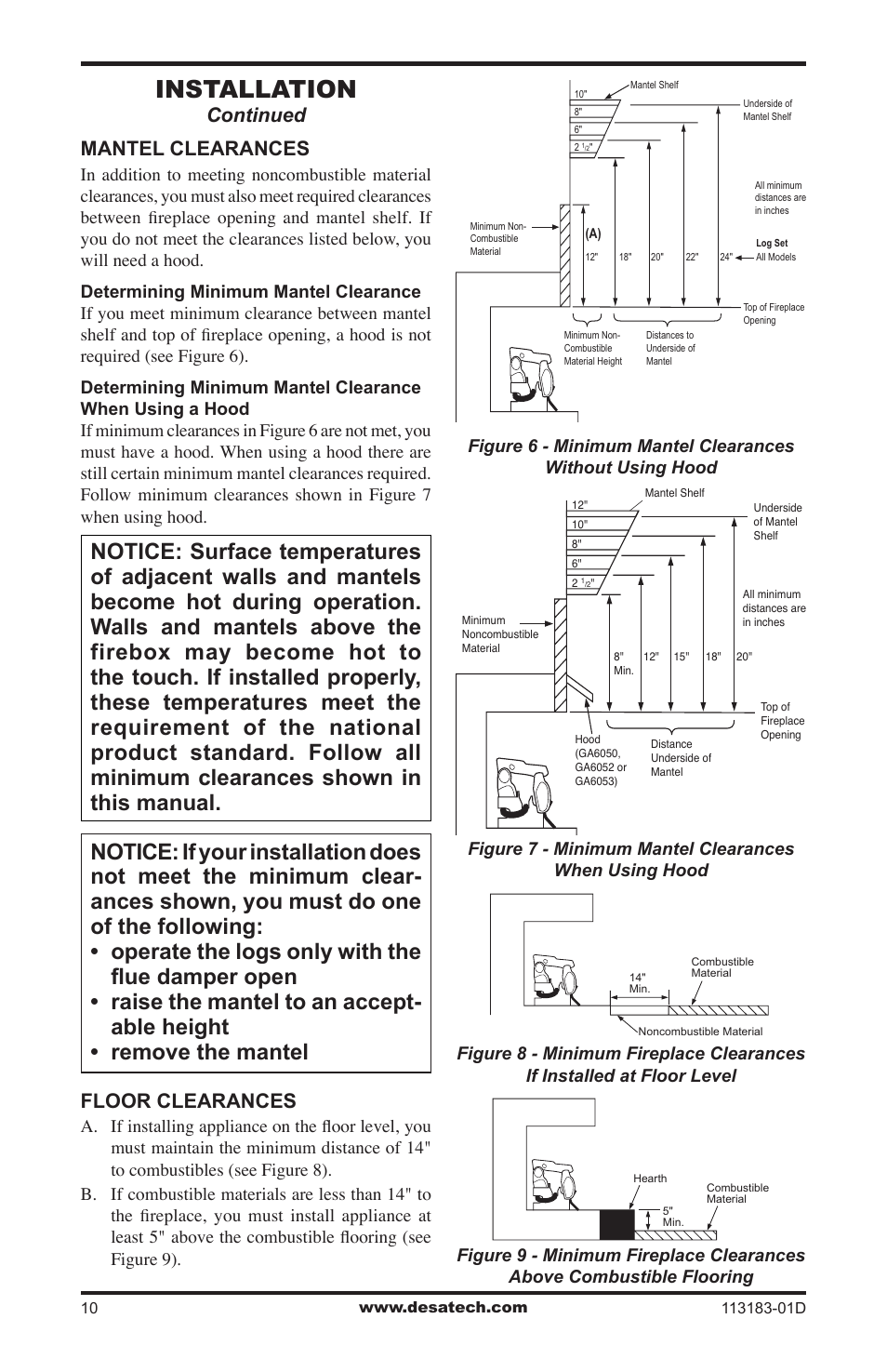 Installation, Continued, Mantel clearances | Floor clearances | Desa CDR3924NT User Manual | Page 10 / 28
