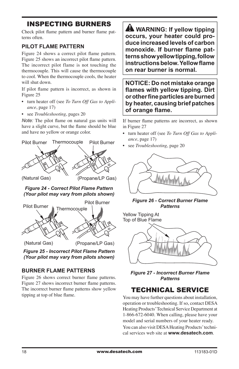 Inspecting burners, Technical service | Desa CDR3924NT User Manual | Page 18 / 28