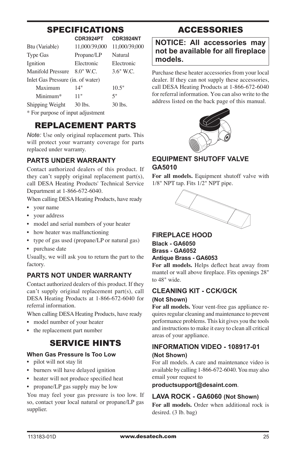 Specifications, Replacement parts, Service hints | Accessories | Desa CDR3924NT User Manual | Page 25 / 28