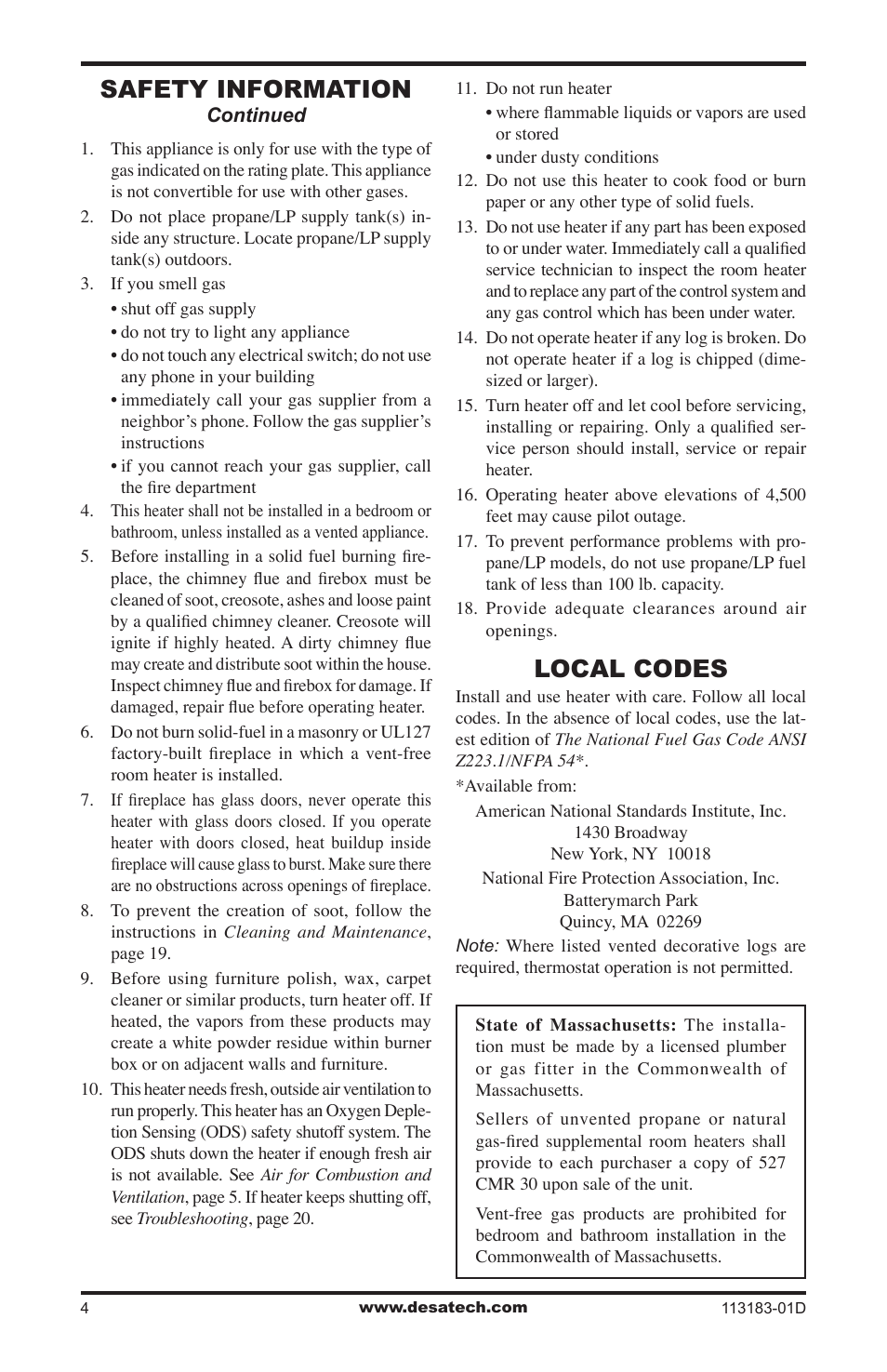 Local codes, Safety information | Desa CDR3924NT User Manual | Page 4 / 28